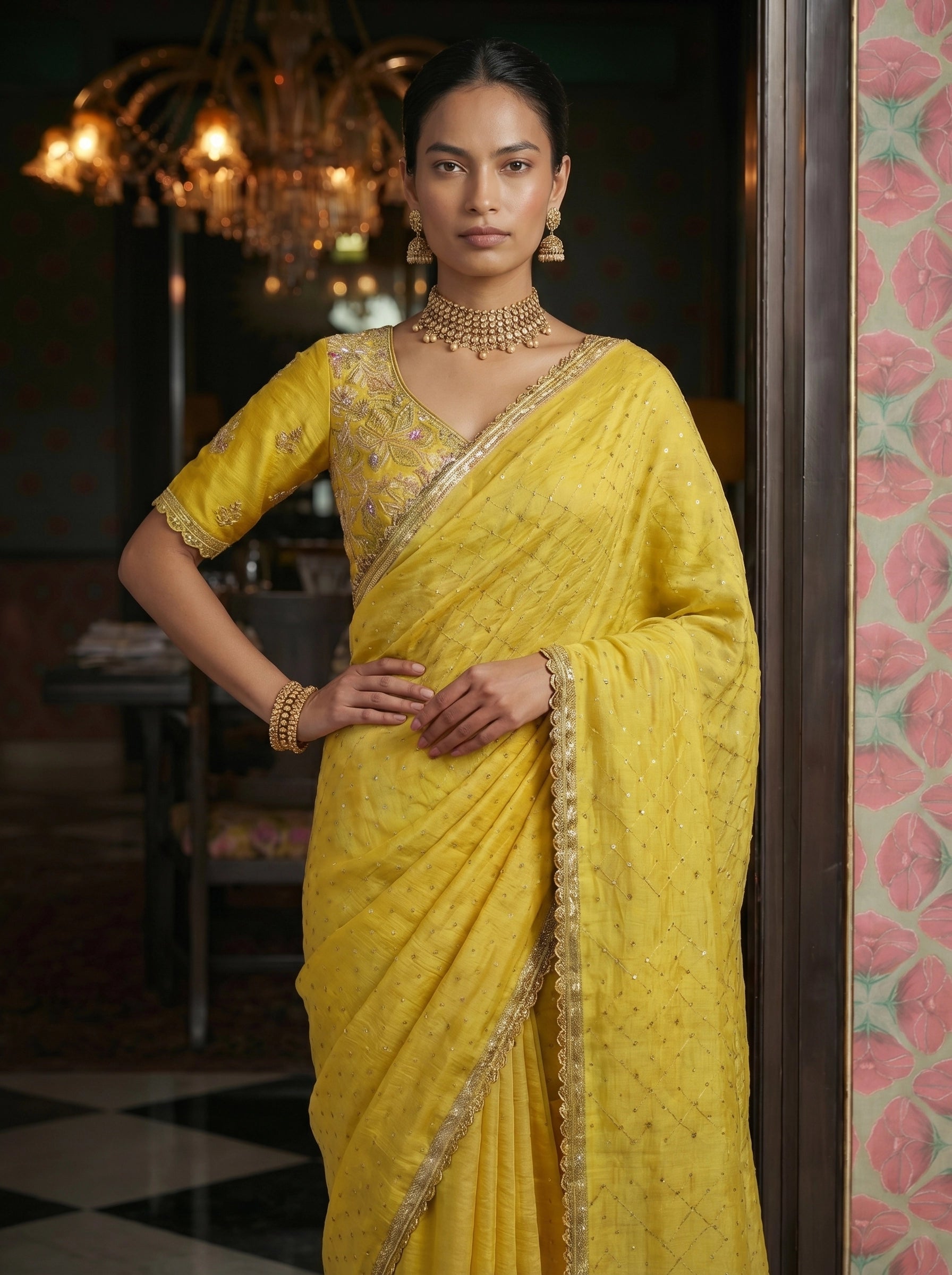 Elegant Yellow Saree with Subtle Sequin Work & Designer Blouse