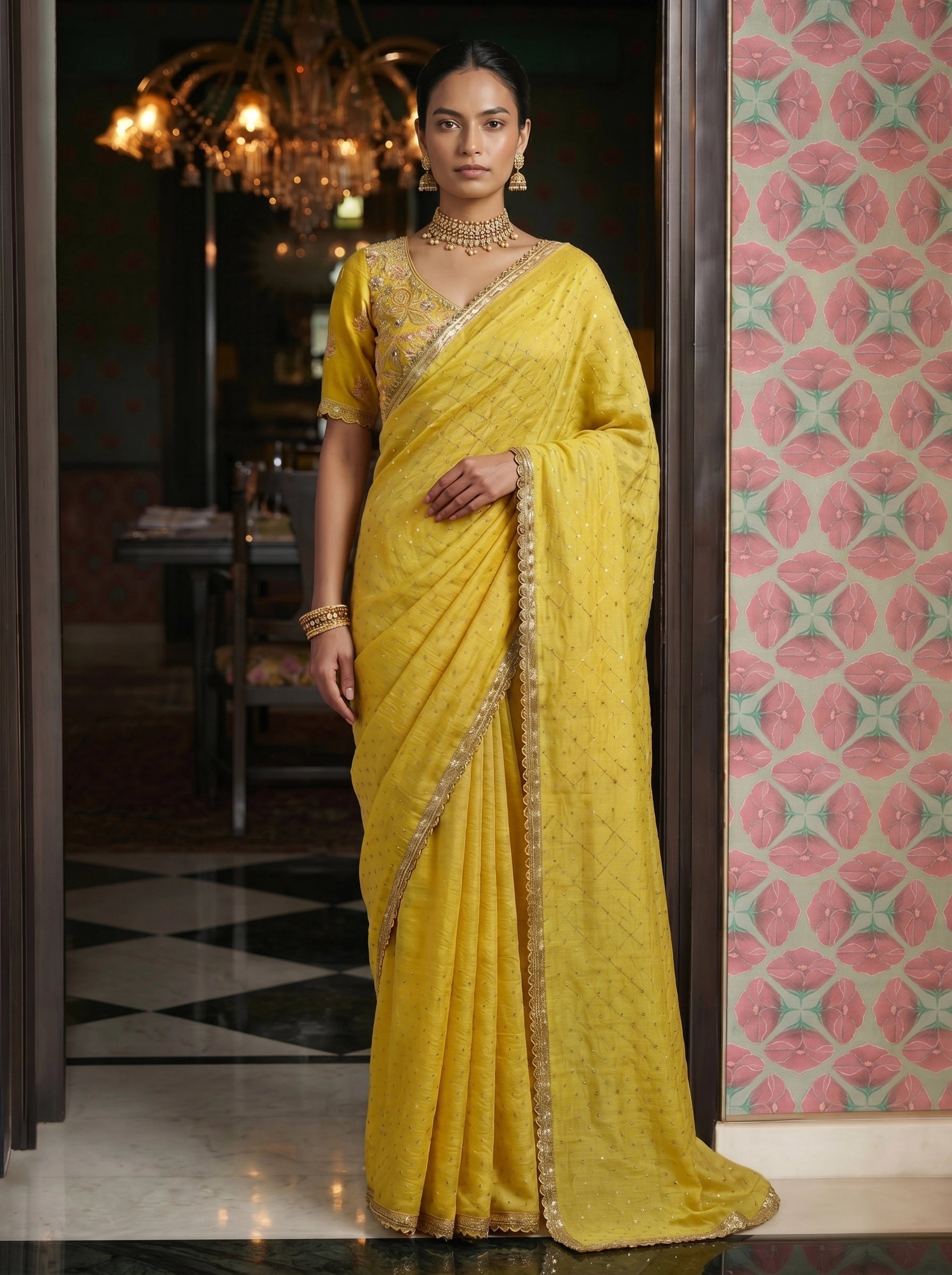 Elegant Yellow Saree with Subtle Sequin Work & Designer Blouse