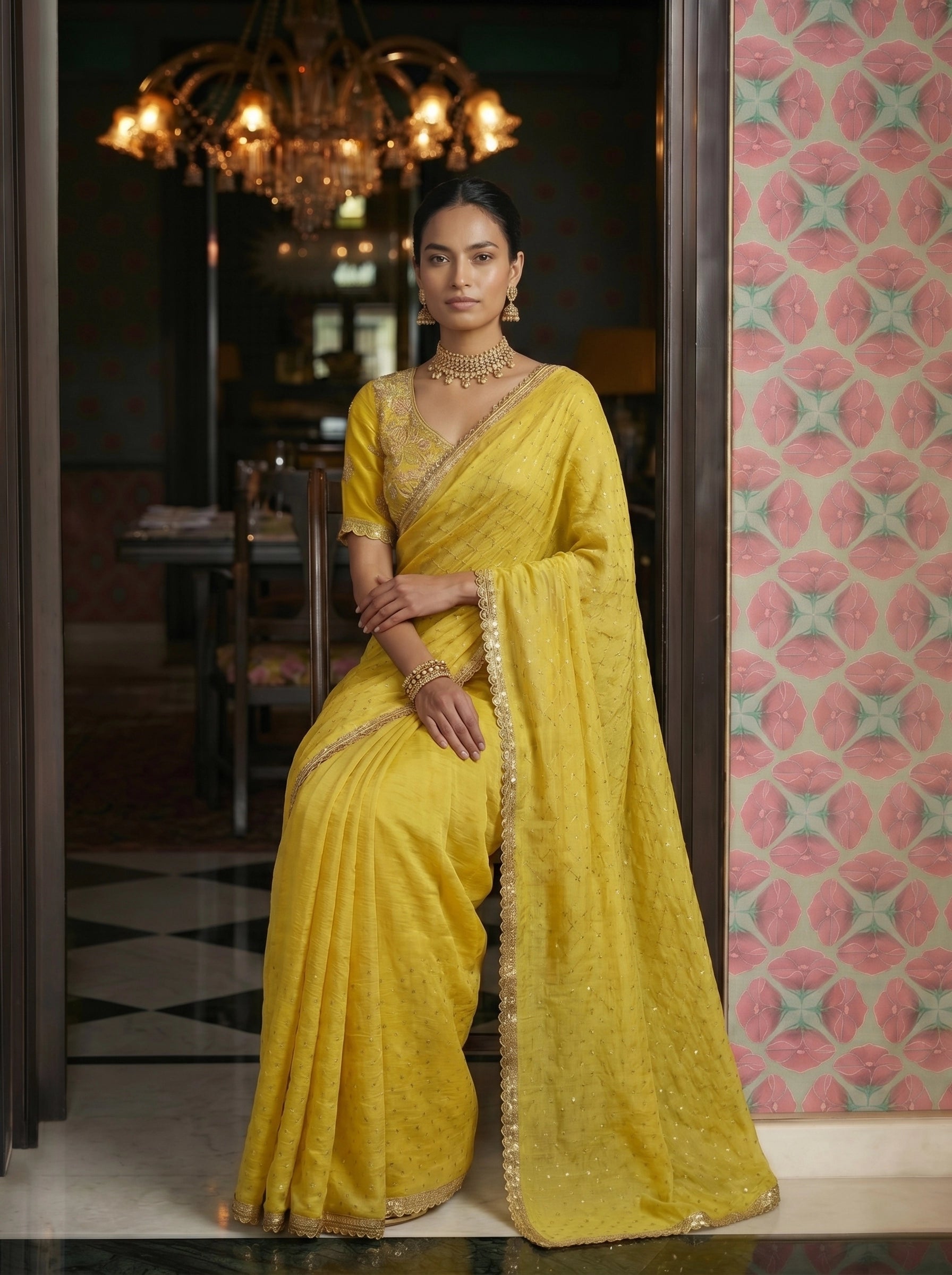 Elegant Yellow Saree with Subtle Sequin Work & Designer Blouse