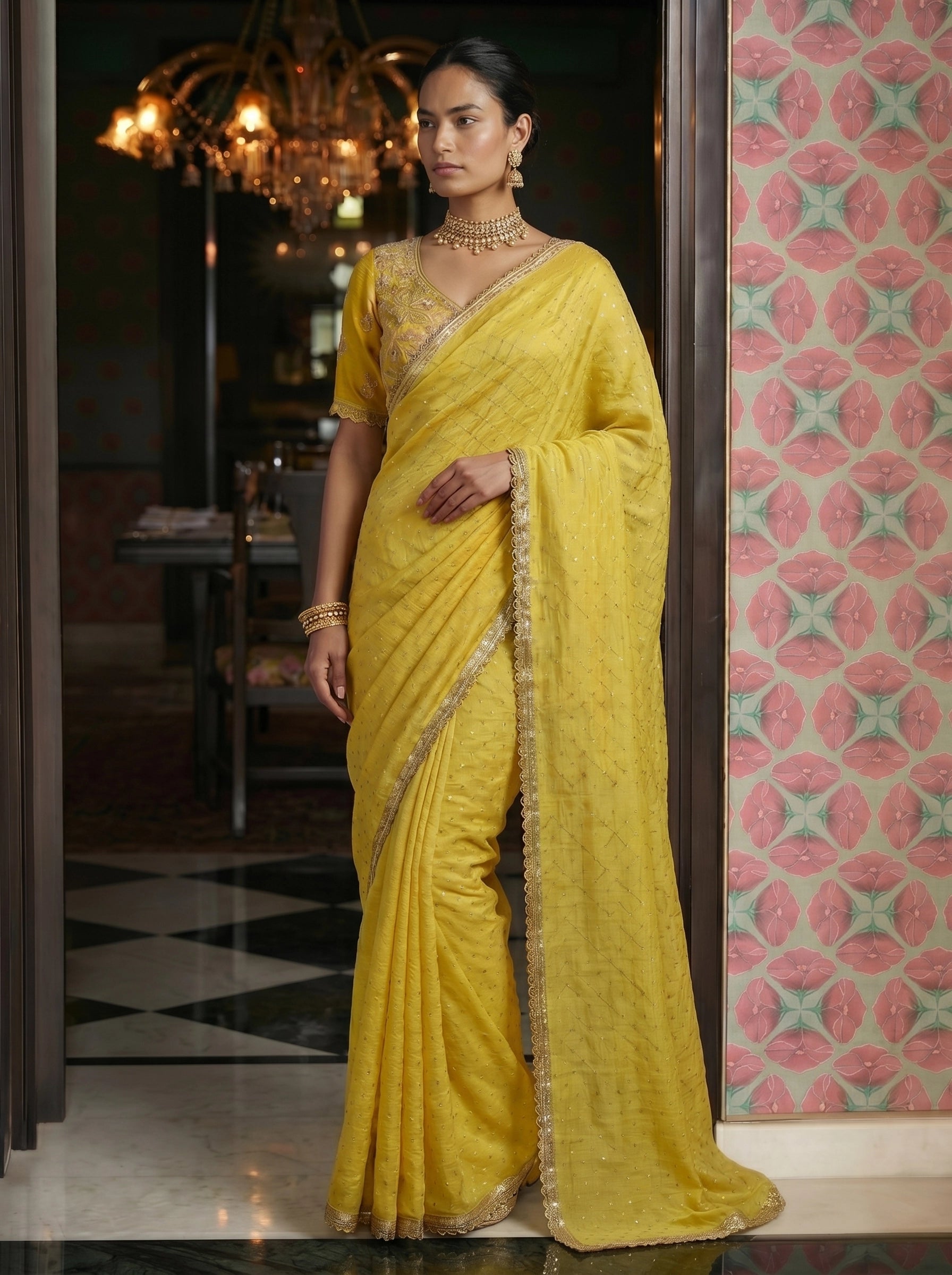 Elegant Yellow Saree with Subtle Sequin Work & Designer Blouse