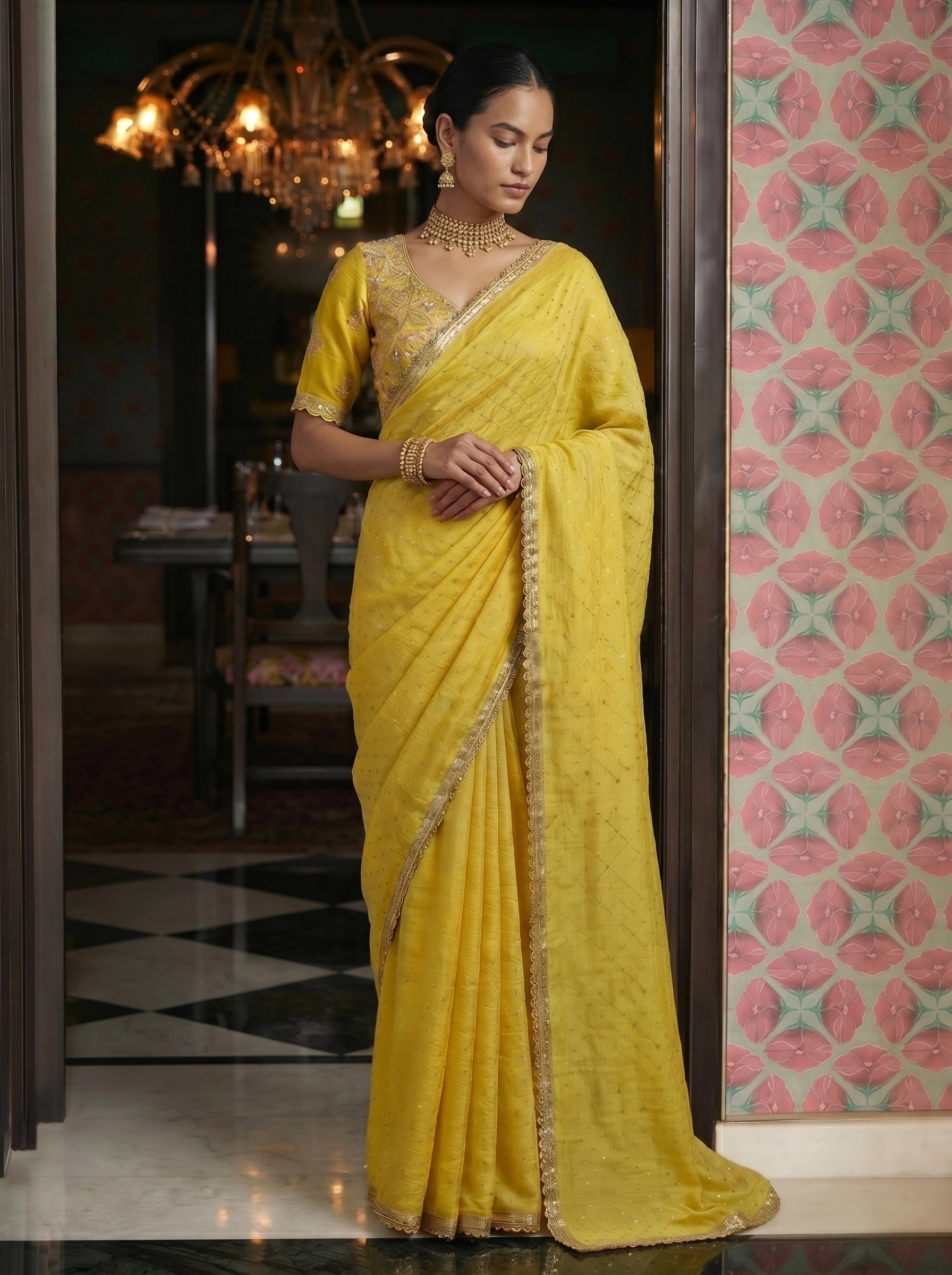 Elegant Yellow Saree with Subtle Sequin Work & Designer Blouse