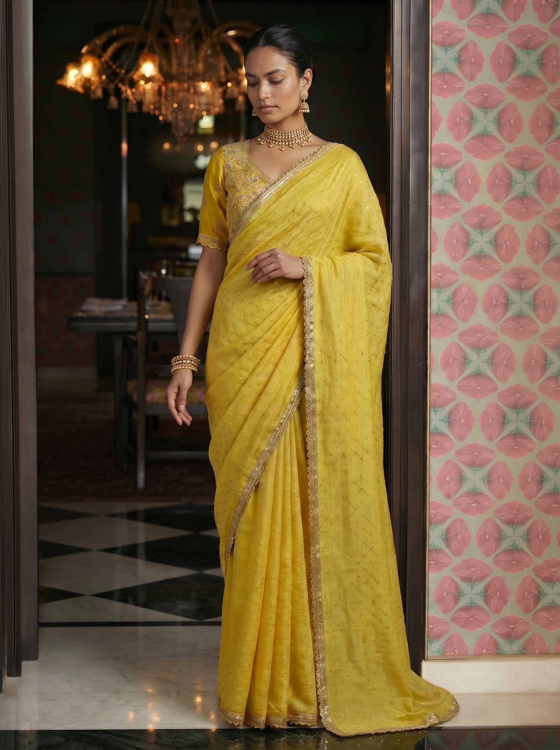 Elegant Yellow Saree with Subtle Sequin Work & Designer Blouse