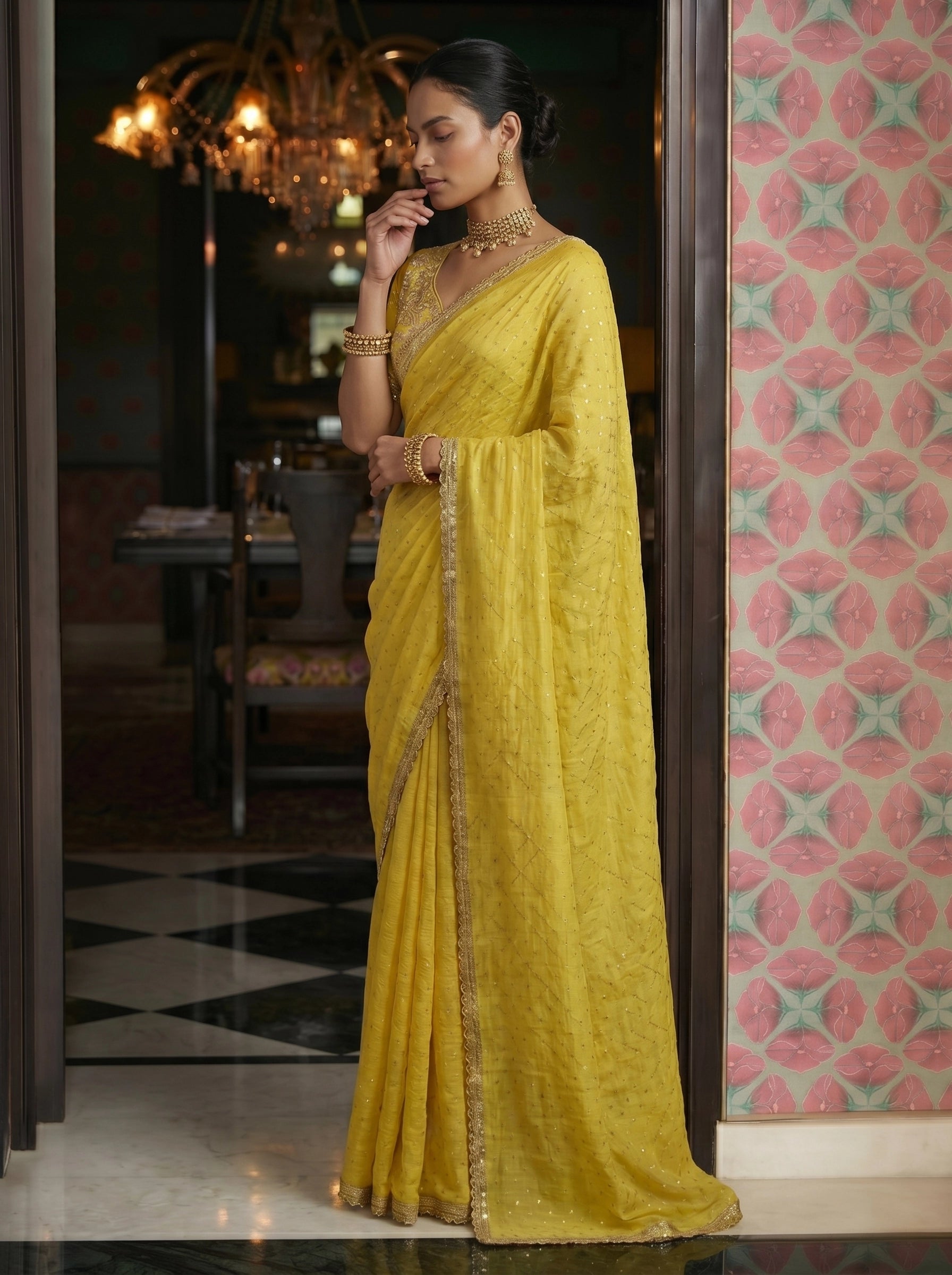 Elegant Yellow Saree with Subtle Sequin Work & Designer Blouse