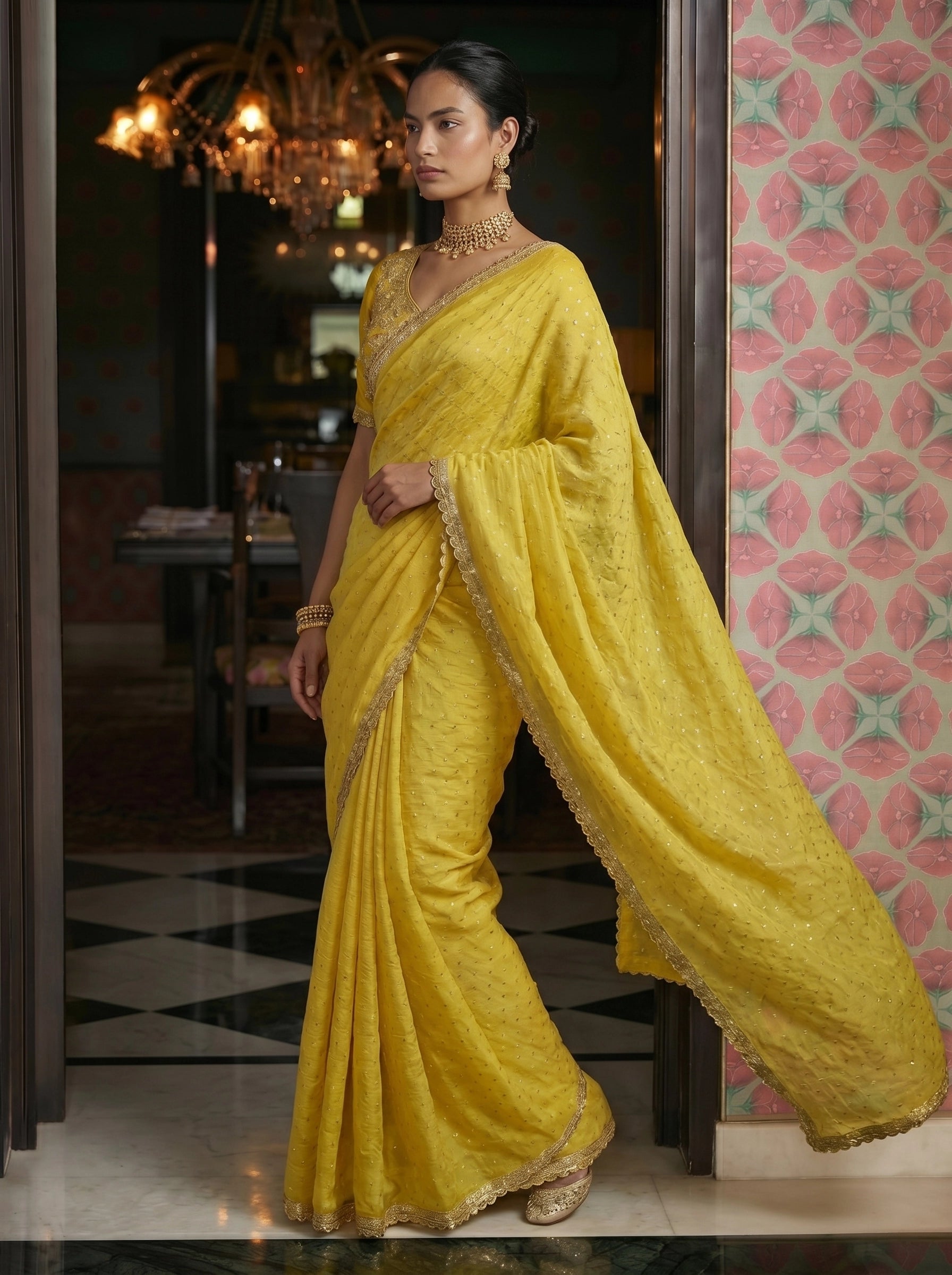 Elegant Yellow Saree with Subtle Sequin Work & Designer Blouse