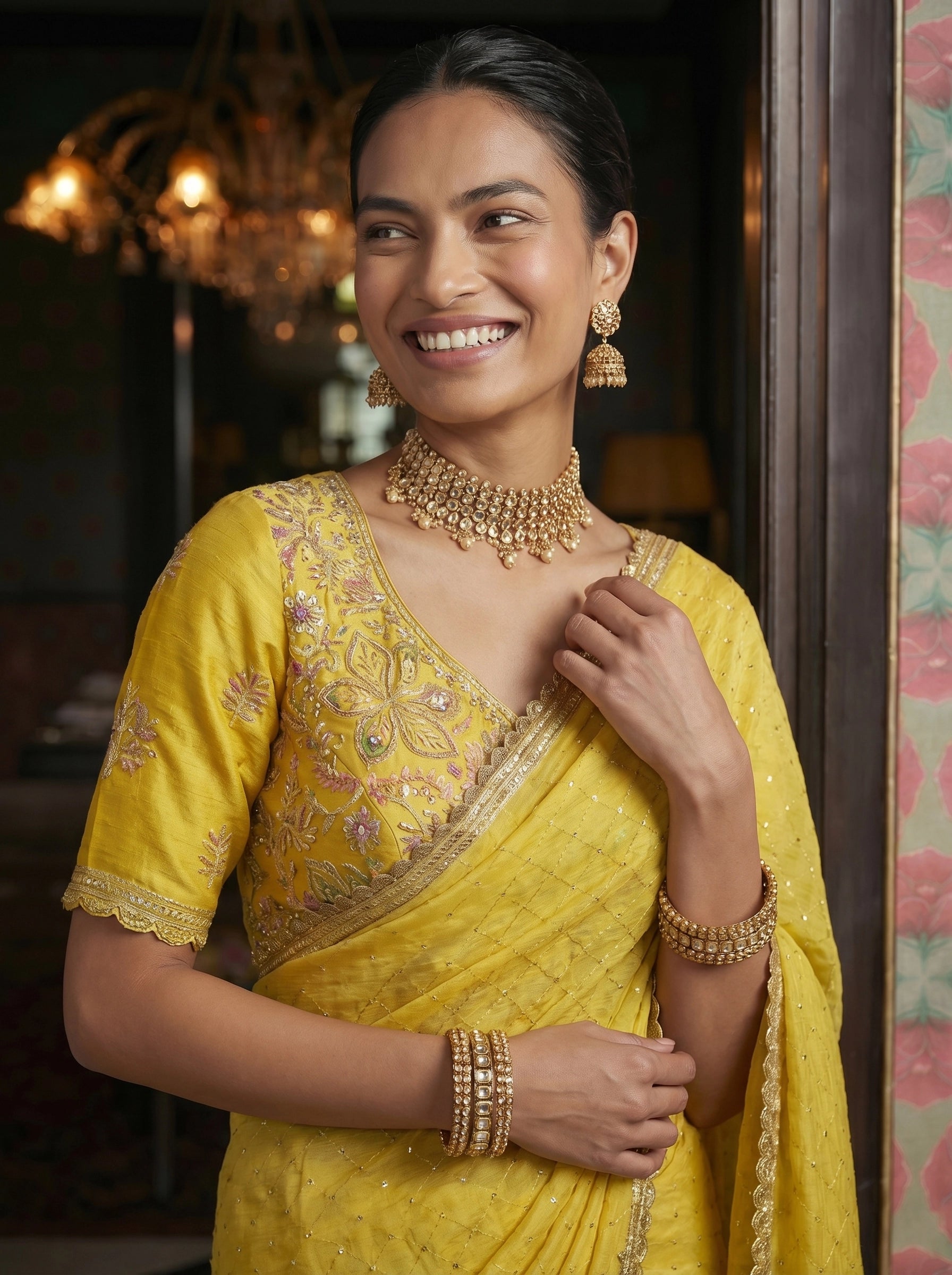 Elegant Yellow Saree with Subtle Sequin Work & Designer Blouse