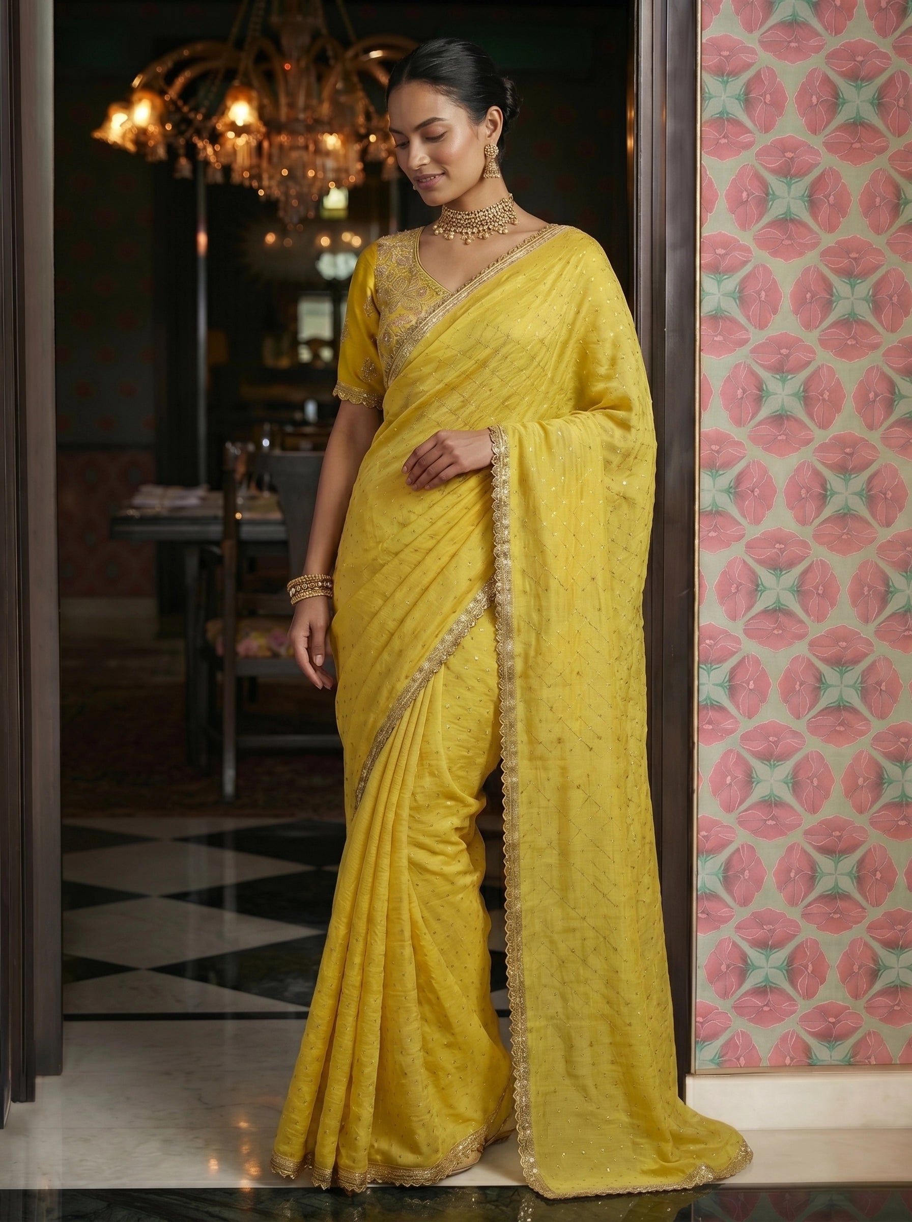 Elegant Yellow Saree with Subtle Sequin Work & Designer Blouse