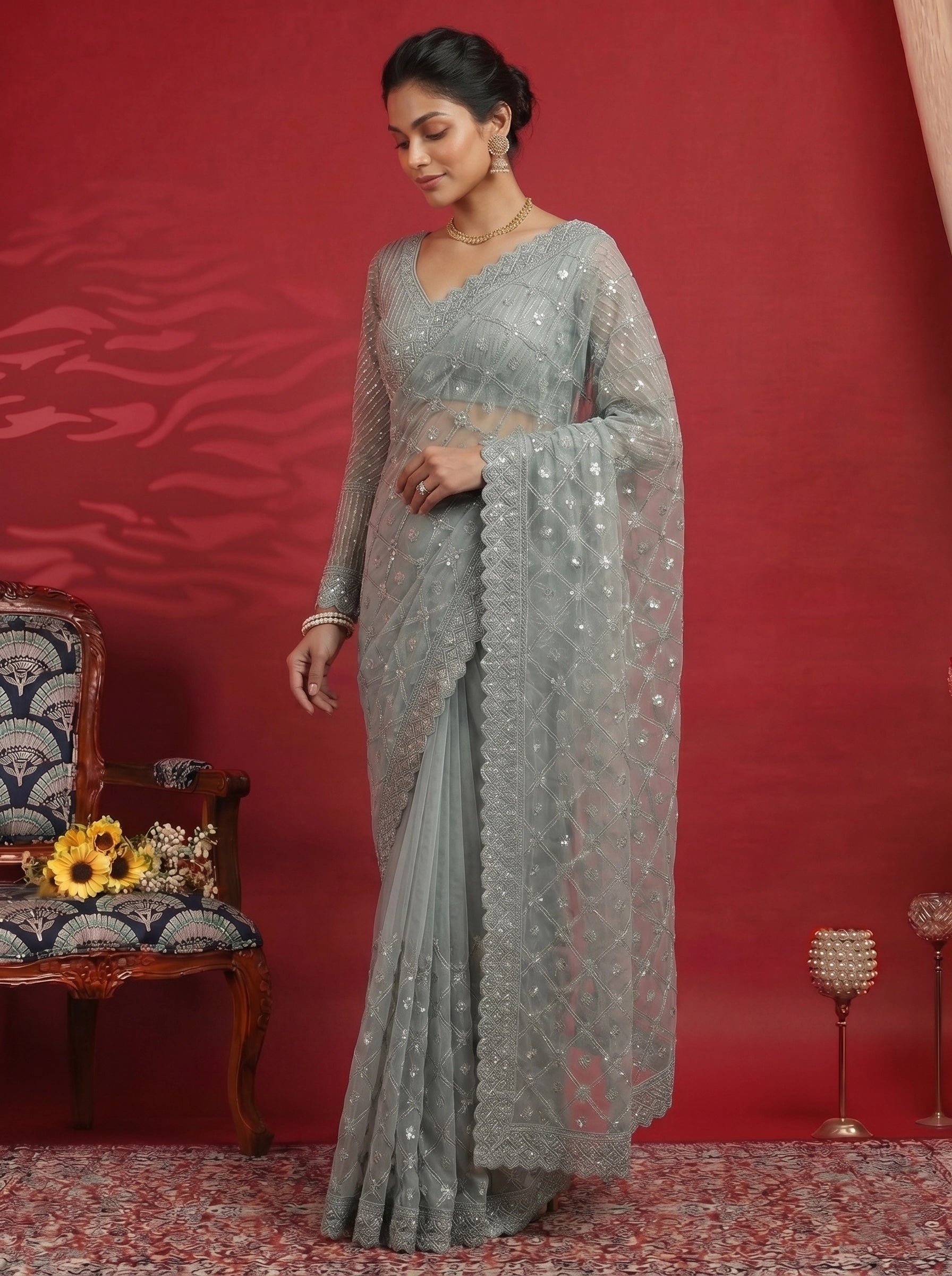 Elegant Pastel Grey Saree with Heavy Embroidery & Designer Blouse