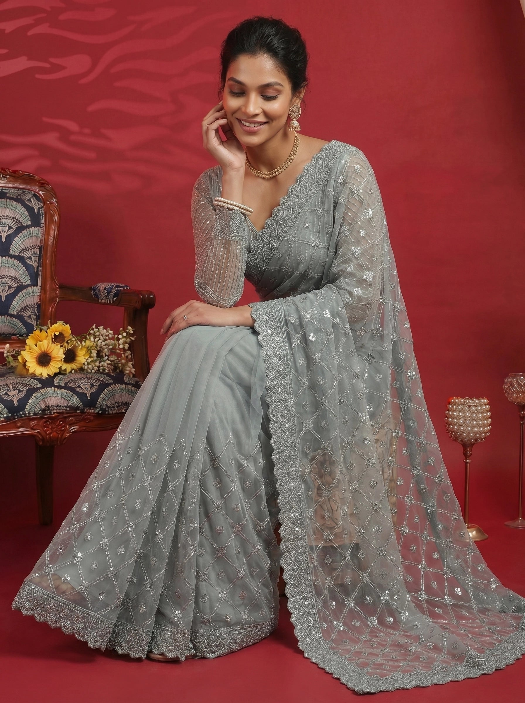 Elegant Pastel Grey Saree with Heavy Embroidery & Designer Blouse
