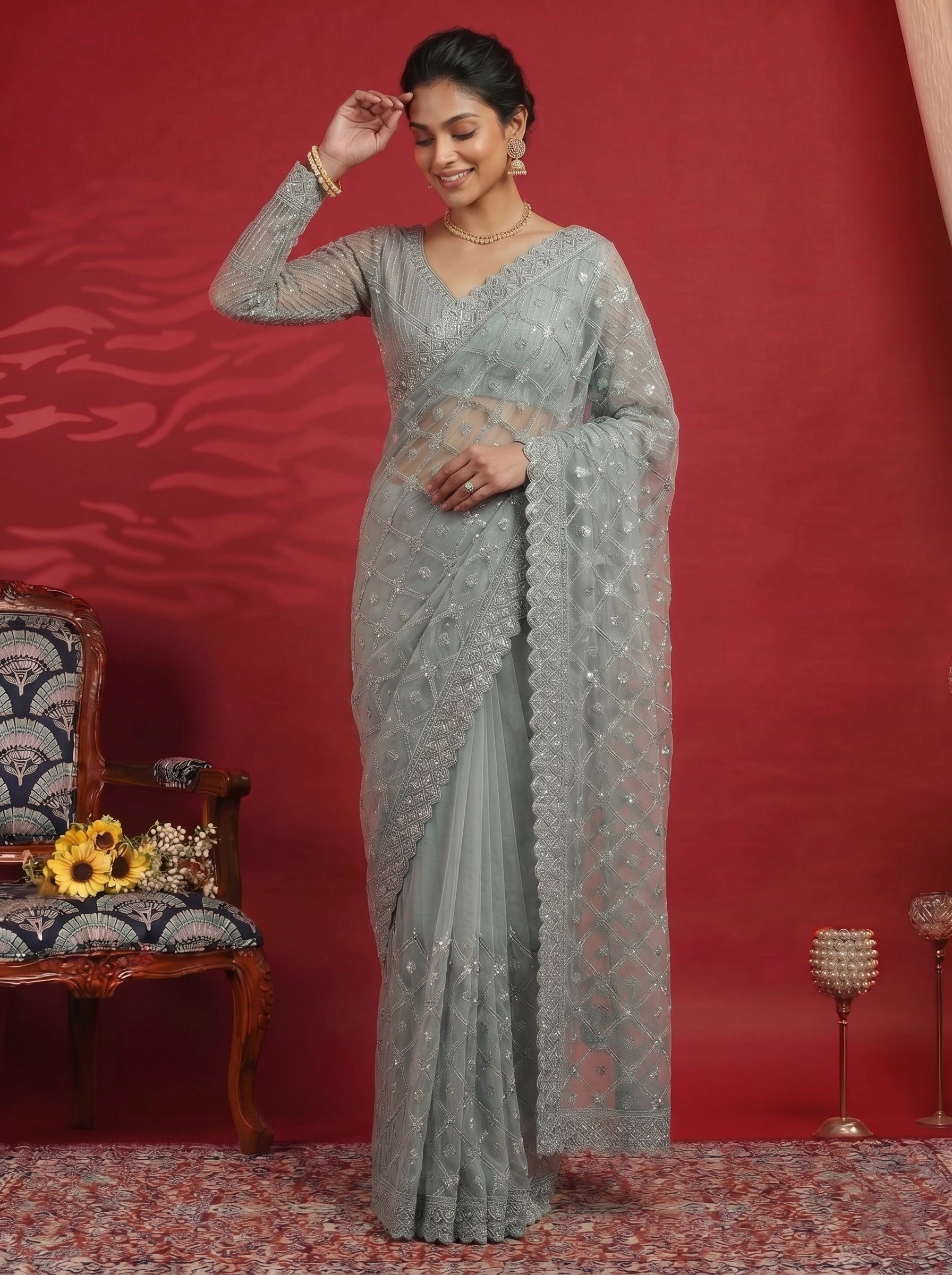 Elegant Pastel Grey Saree with Heavy Embroidery & Designer Blouse