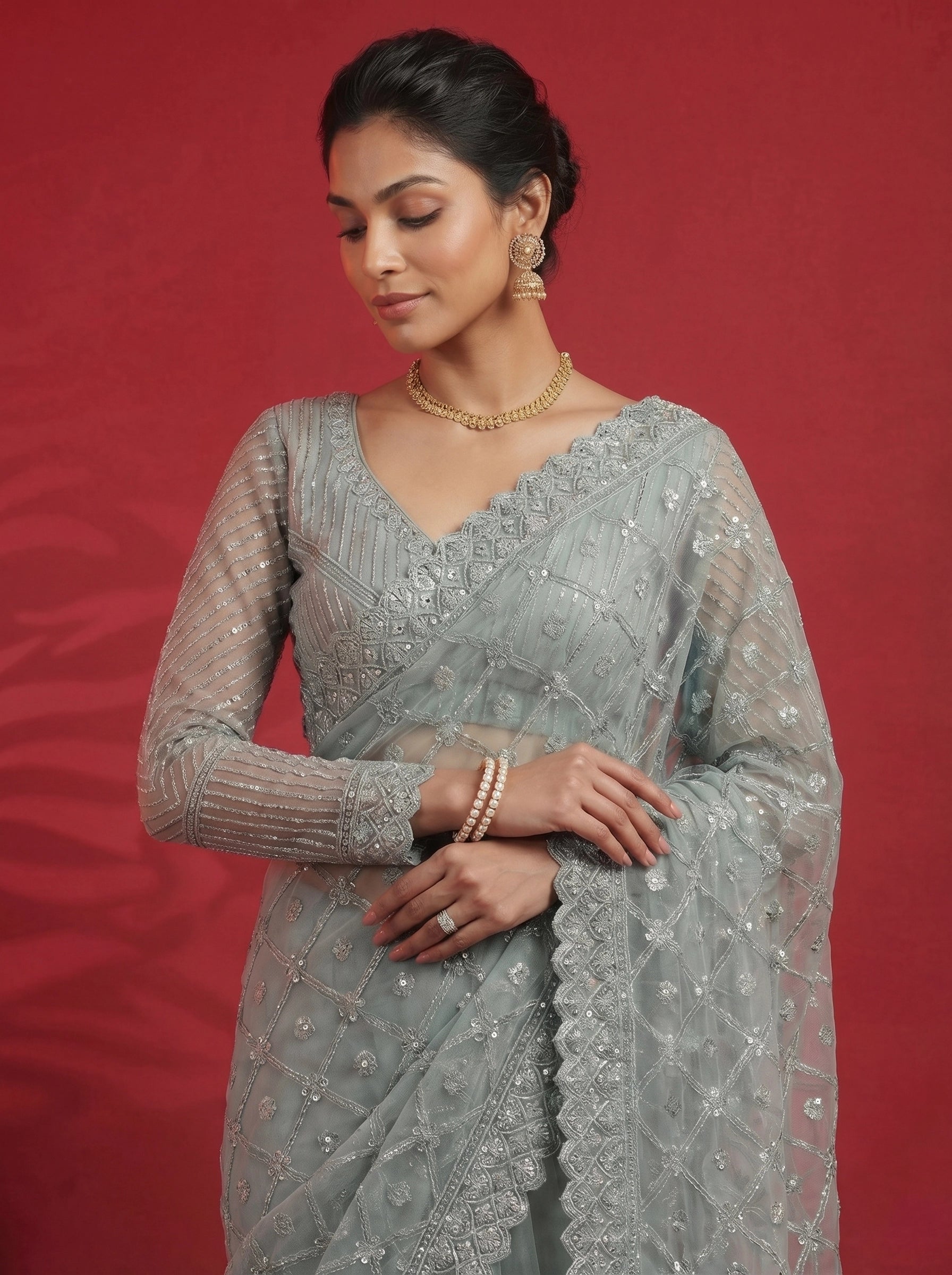 Elegant Pastel Grey Saree with Heavy Embroidery & Designer Blouse