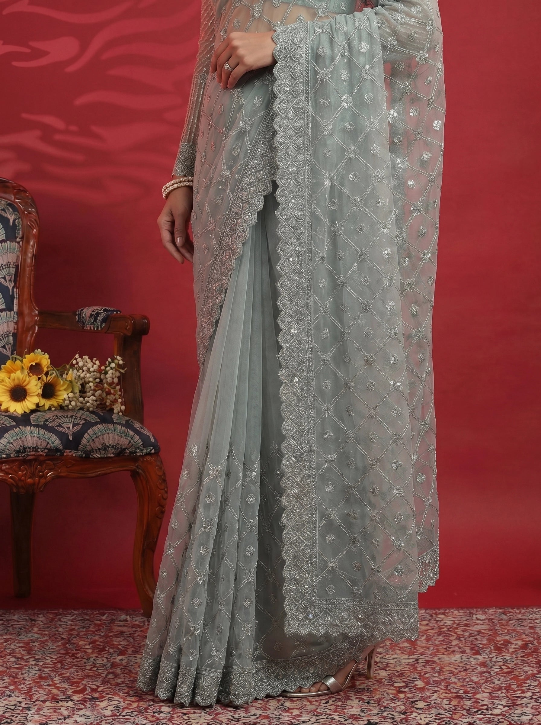 Elegant Pastel Grey Saree with Heavy Embroidery & Designer Blouse