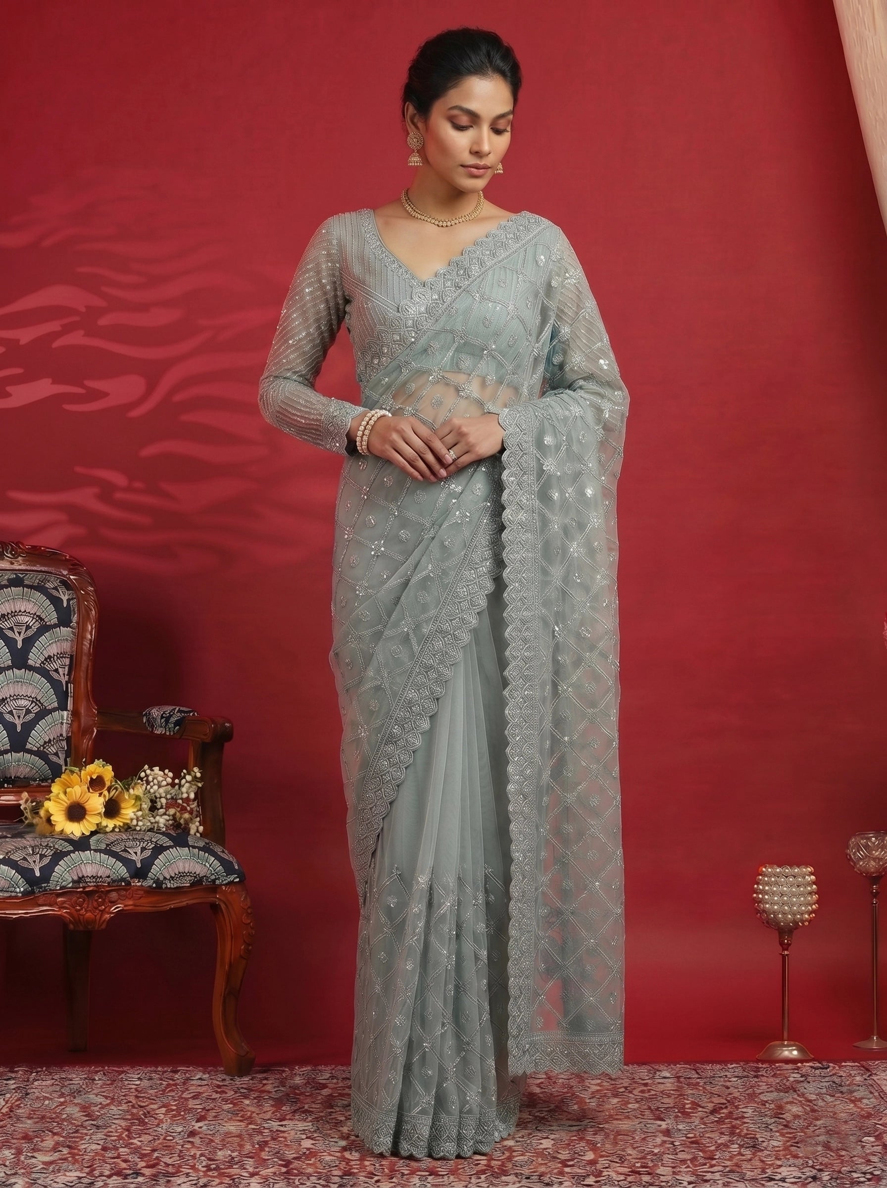 Elegant Pastel Grey Saree with Heavy Embroidery & Designer Blouse
