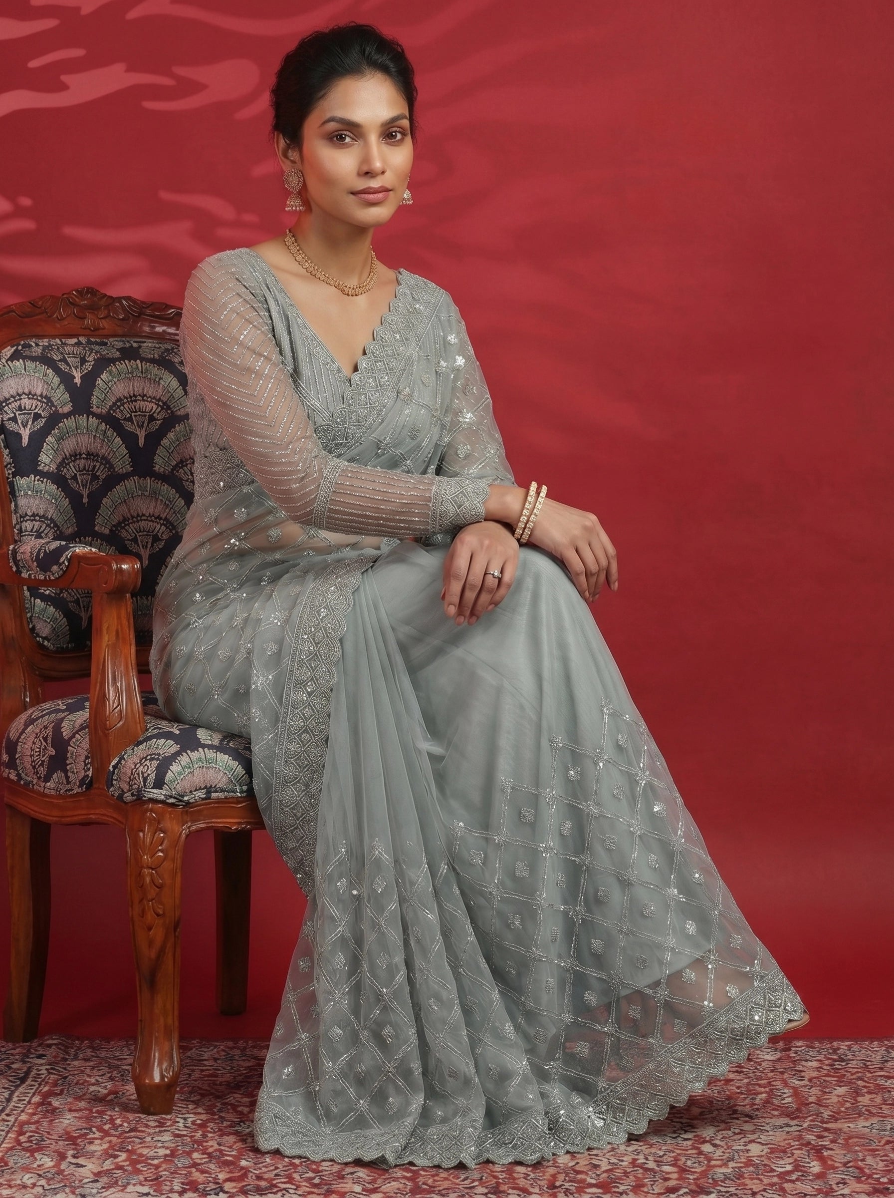 Elegant Pastel Grey Saree with Heavy Embroidery & Designer Blouse