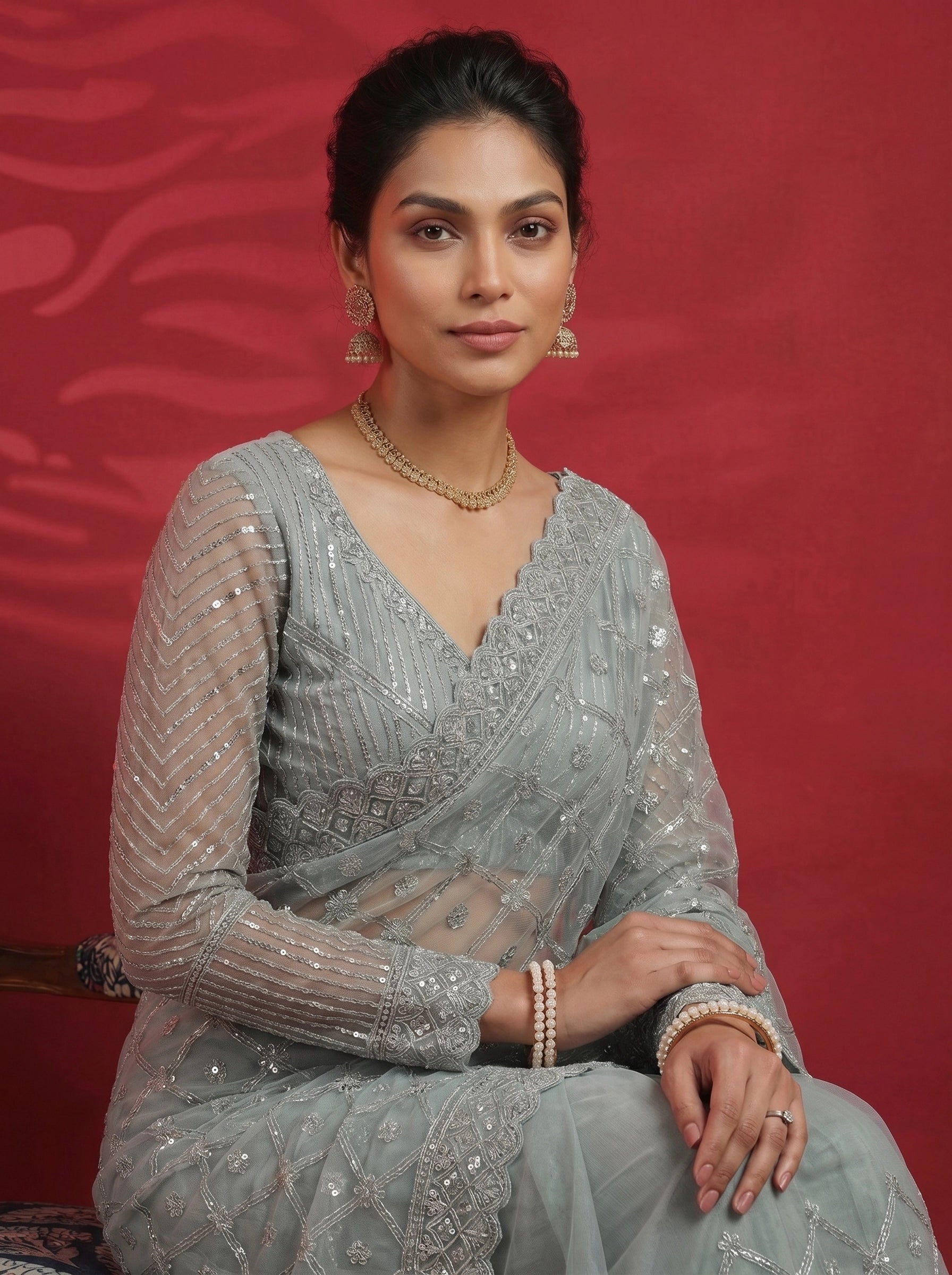 Elegant Pastel Grey Saree with Heavy Embroidery & Designer Blouse