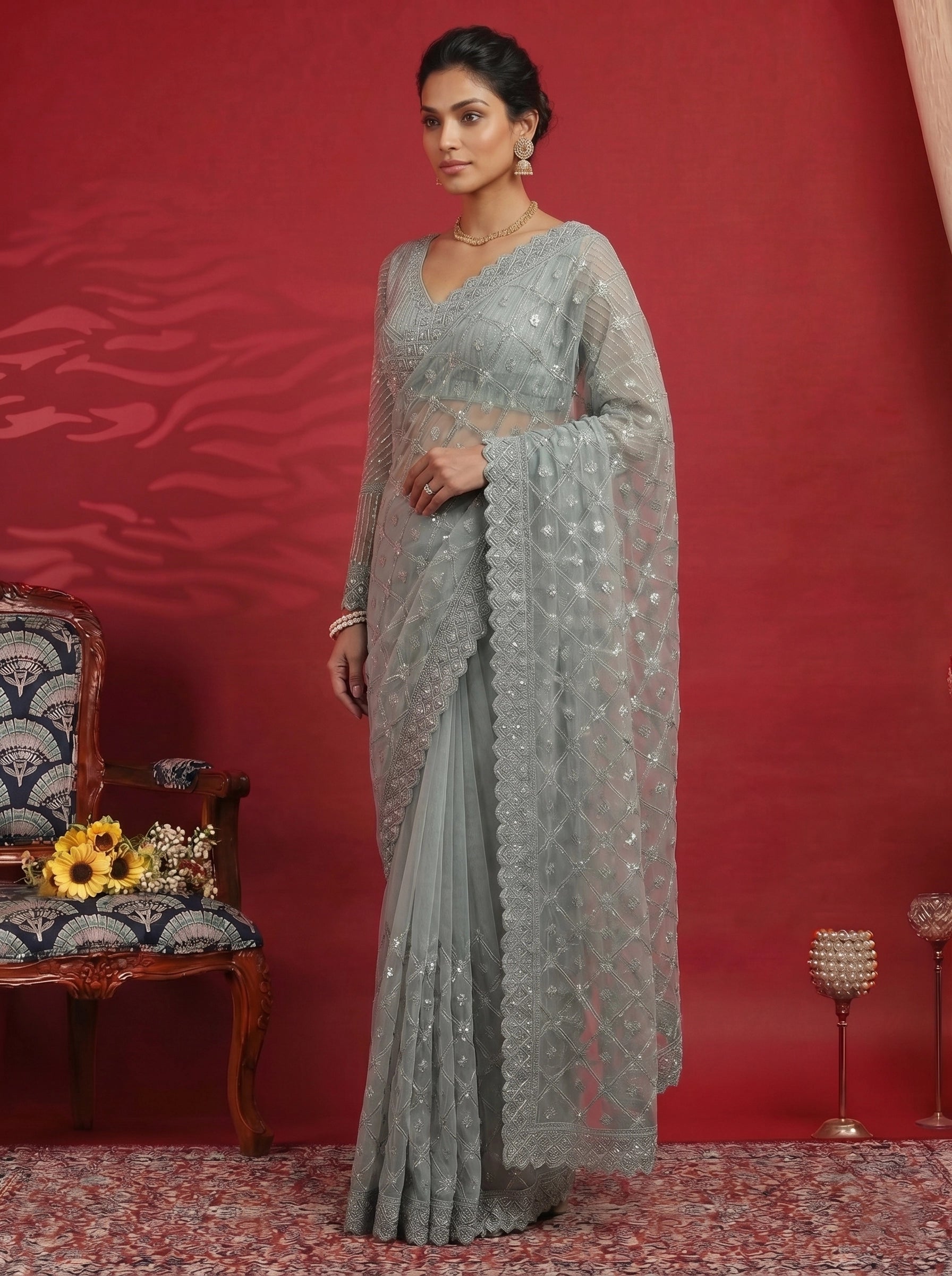 Elegant Pastel Grey Saree with Heavy Embroidery & Designer Blouse