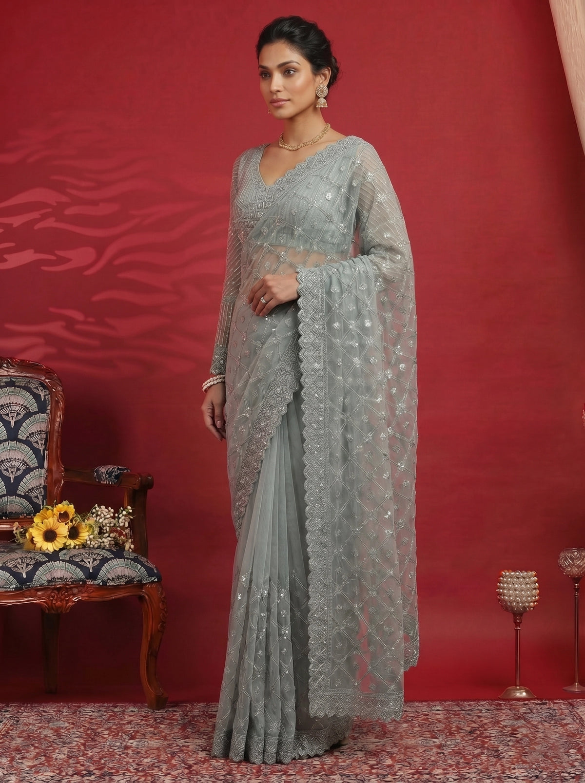 Elegant Pastel Grey Saree with Heavy Embroidery & Designer Blouse
