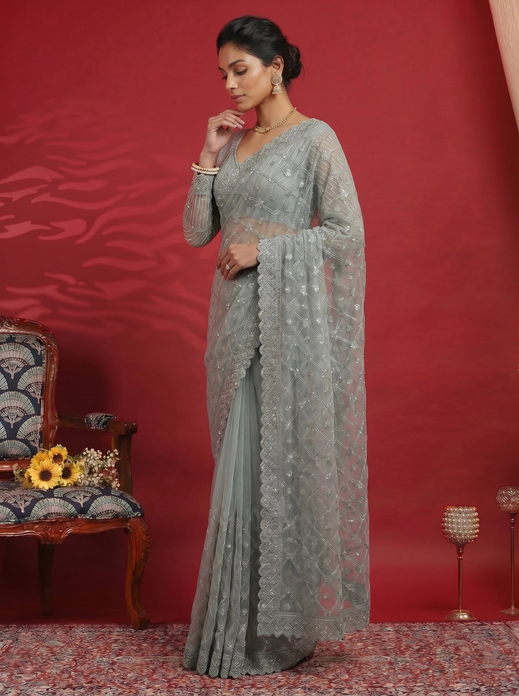 Elegant Pastel Grey Saree with Heavy Embroidery & Designer Blouse