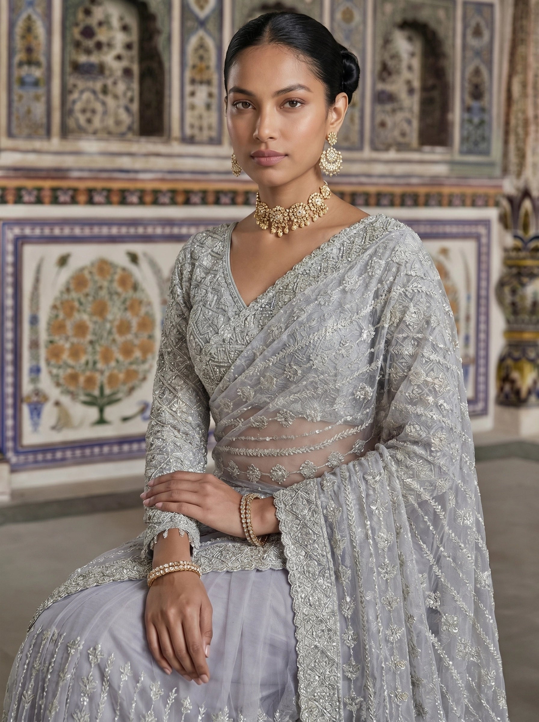 Elegant Silver Grey Designer Saree With Fine Embroidery & Heavy Border