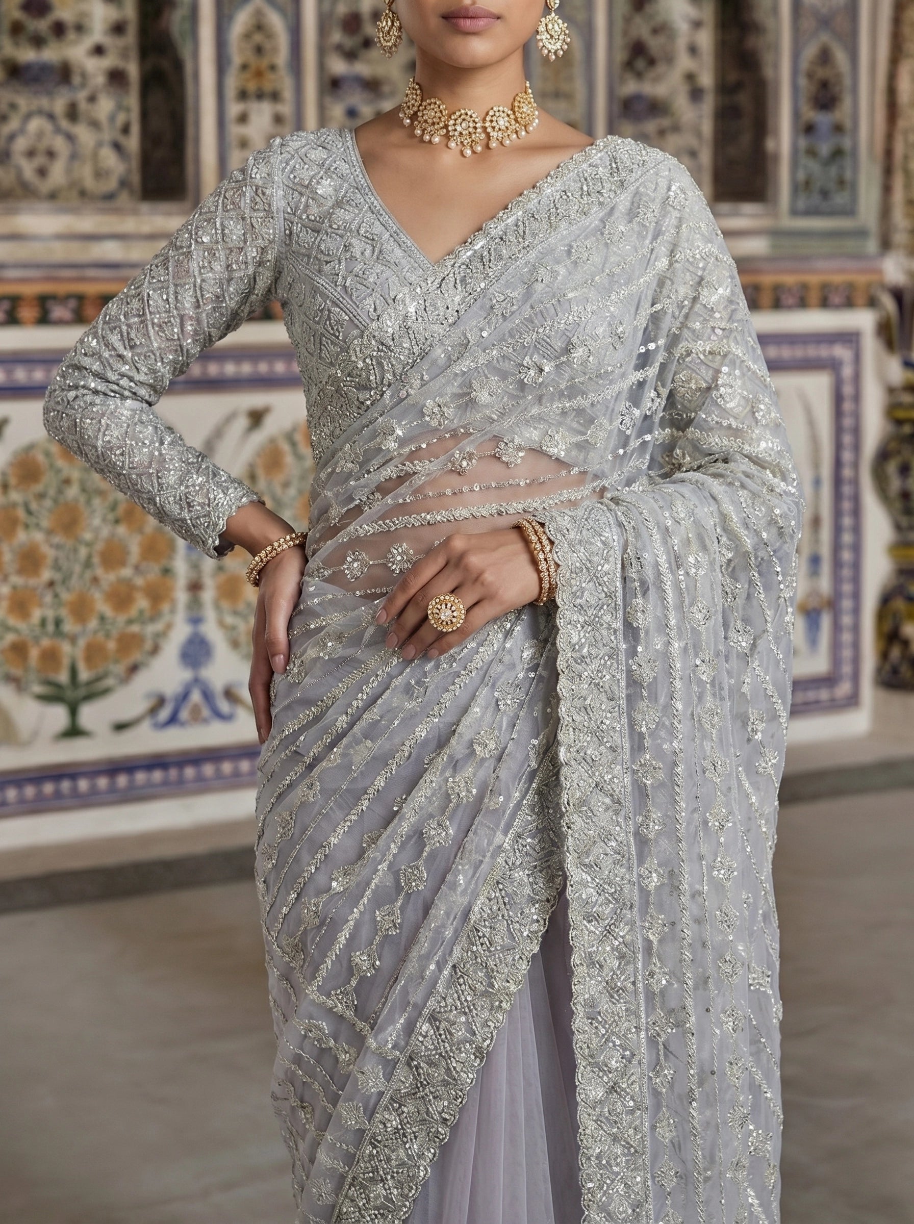 Elegant Silver Grey Designer Saree With Fine Embroidery & Heavy Border