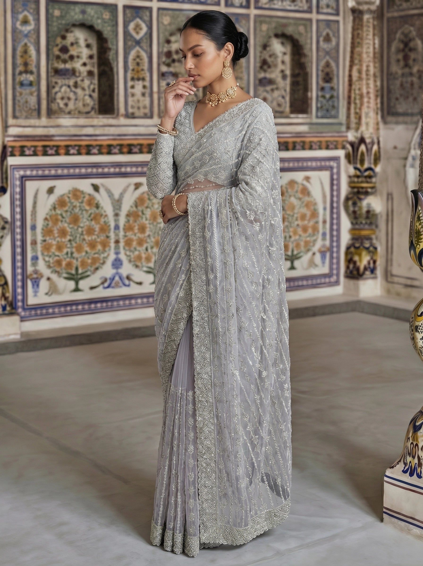 Elegant Silver Grey Designer Saree With Fine Embroidery & Heavy Border
