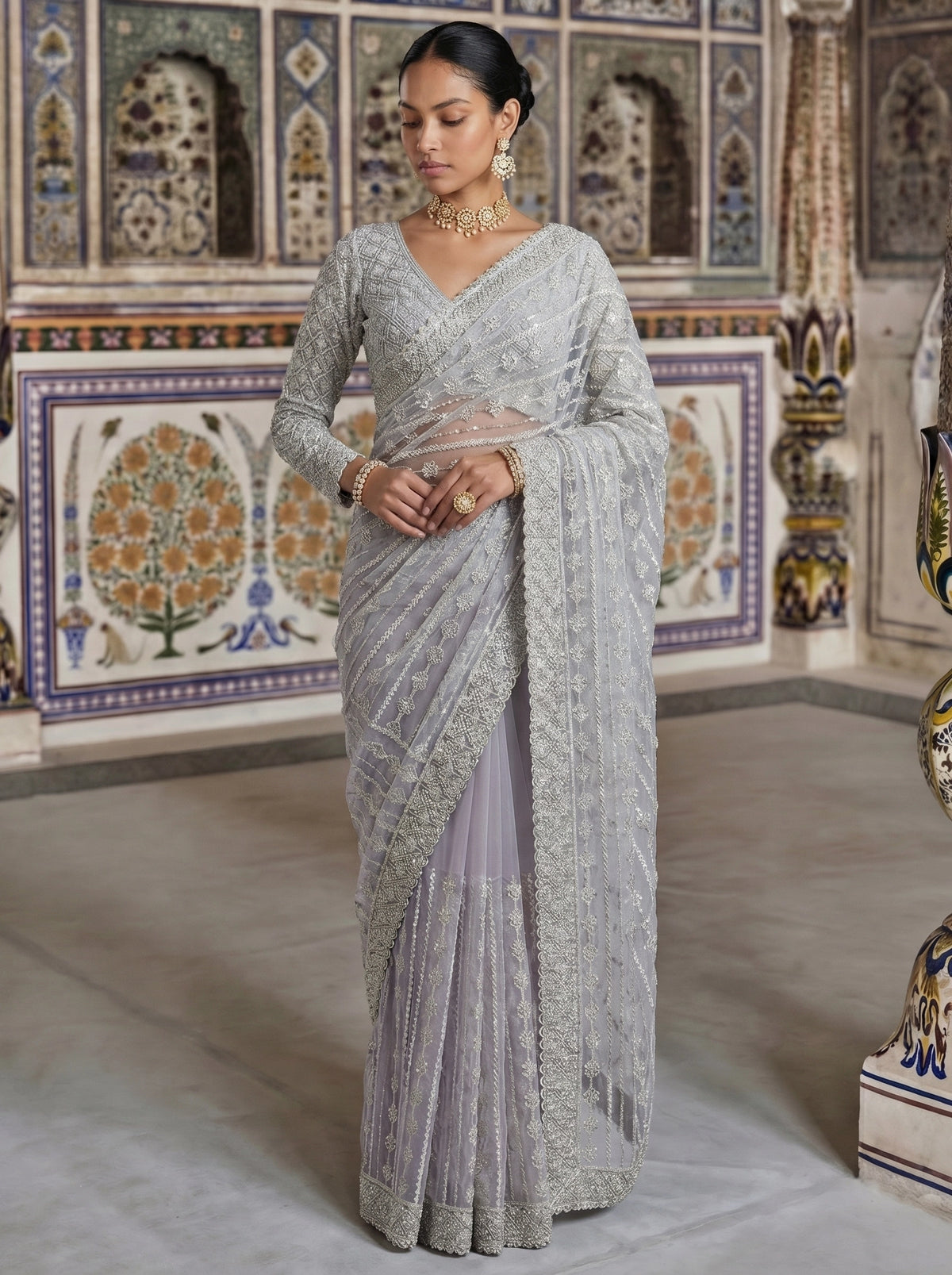 Elegant Silver Grey Designer Saree With Fine Embroidery & Heavy Border