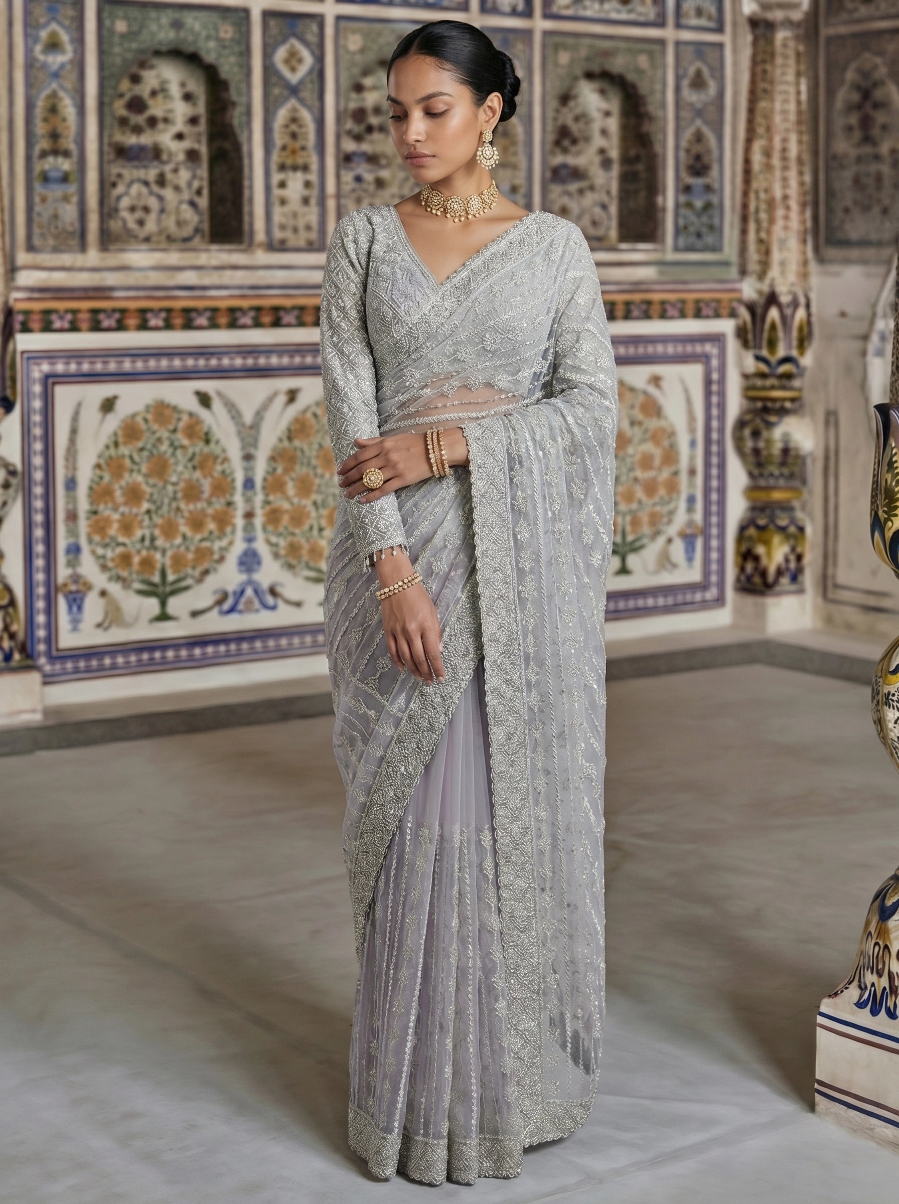 Elegant Silver Grey Designer Saree With Fine Embroidery & Heavy Border