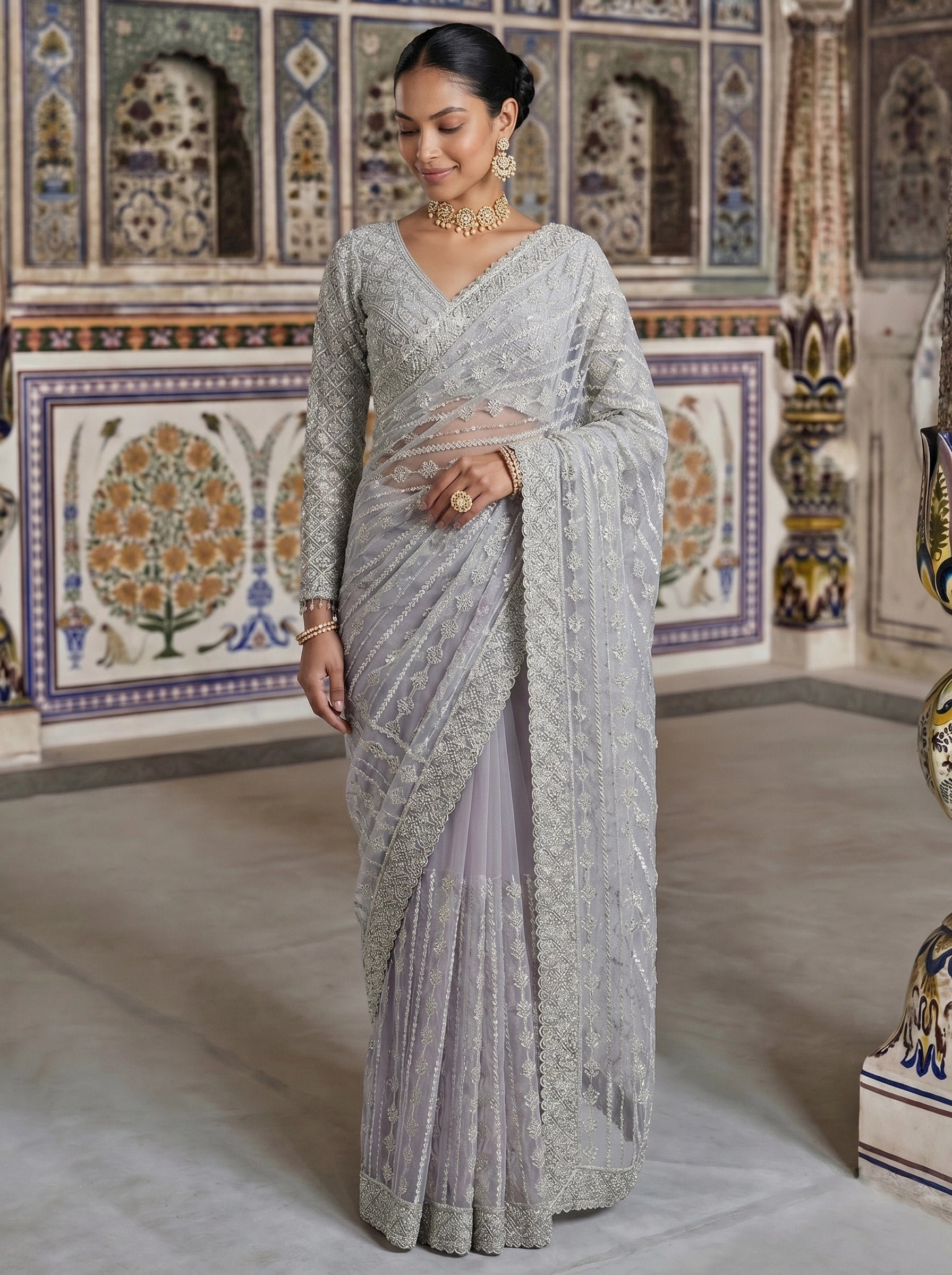 Elegant Silver Grey Designer Saree With Fine Embroidery & Heavy Border