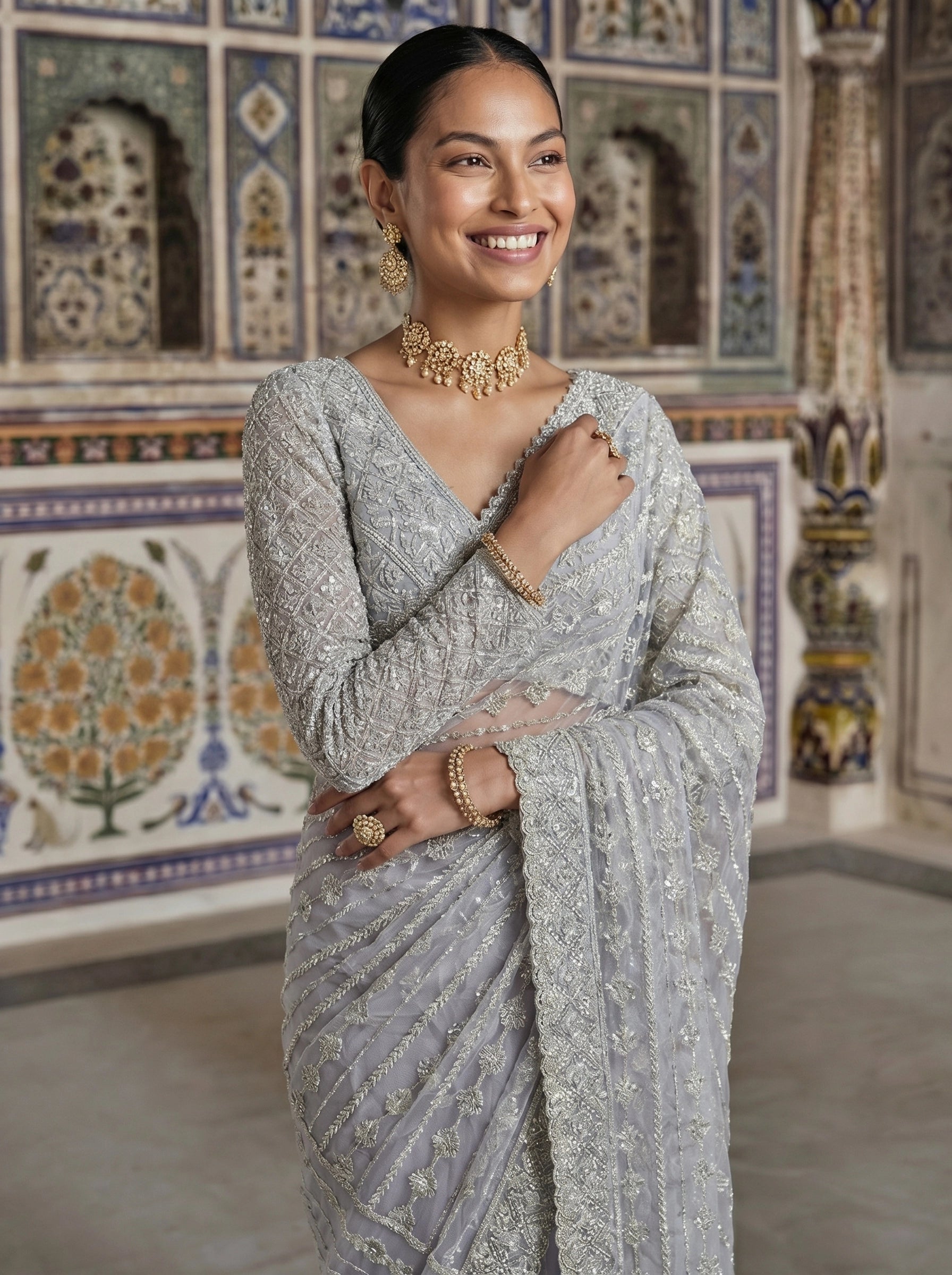Elegant Silver Grey Designer Saree With Fine Embroidery & Heavy Border