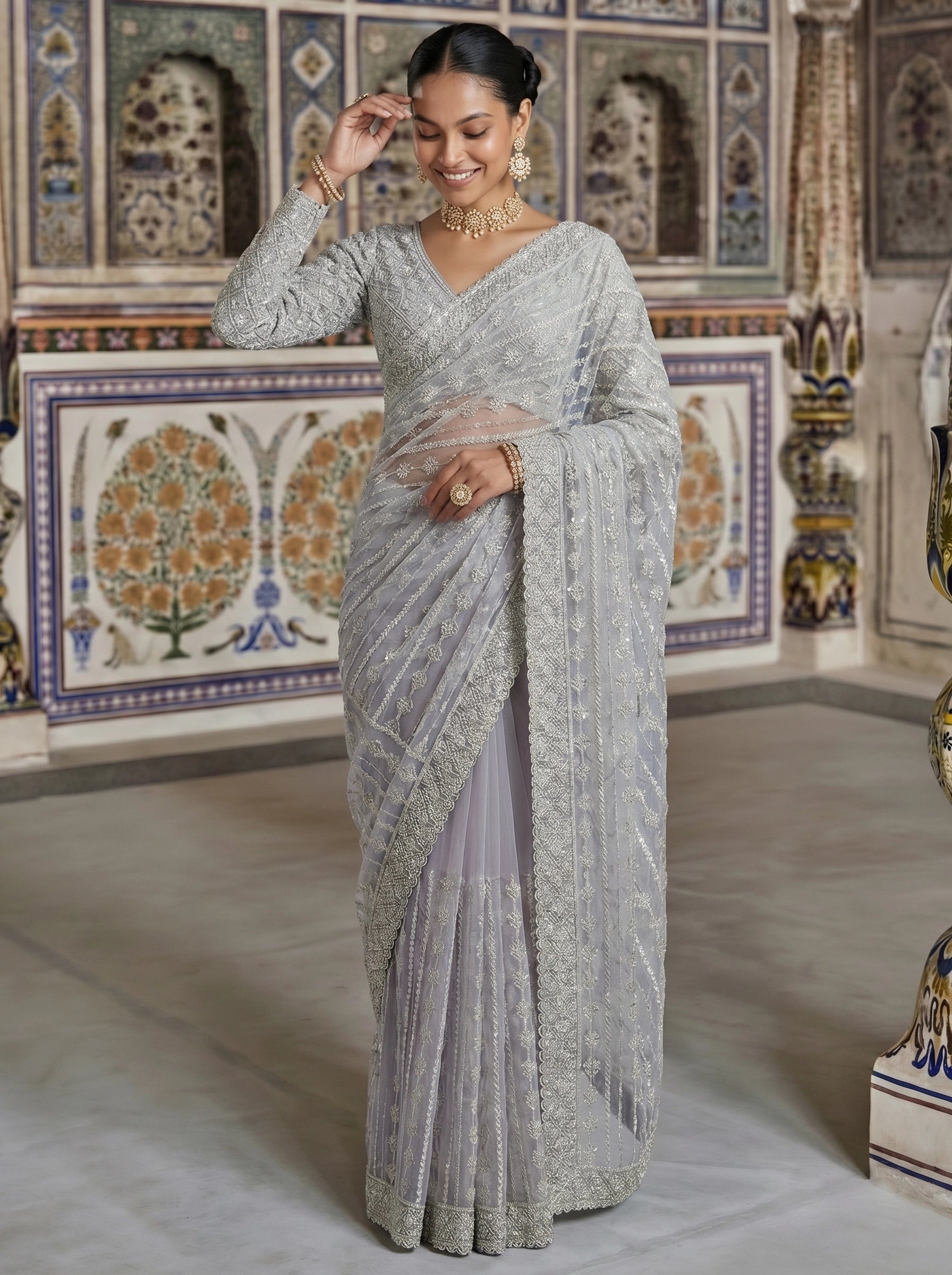 Elegant Silver Grey Designer Saree With Fine Embroidery & Heavy Border