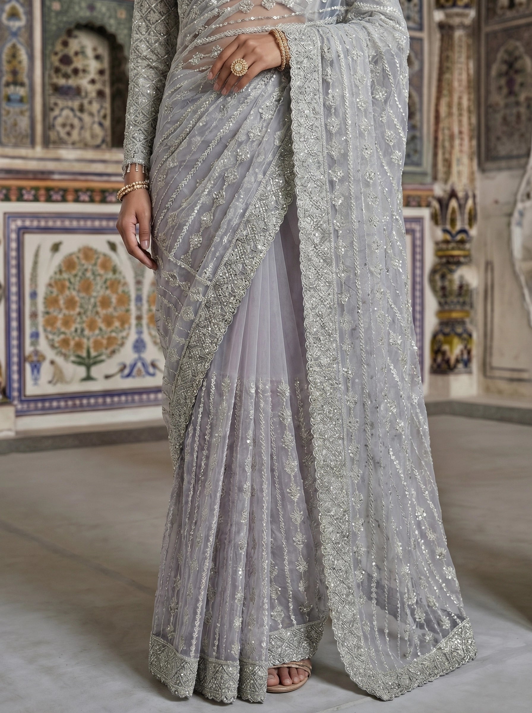Elegant Silver Grey Designer Saree With Fine Embroidery & Heavy Border