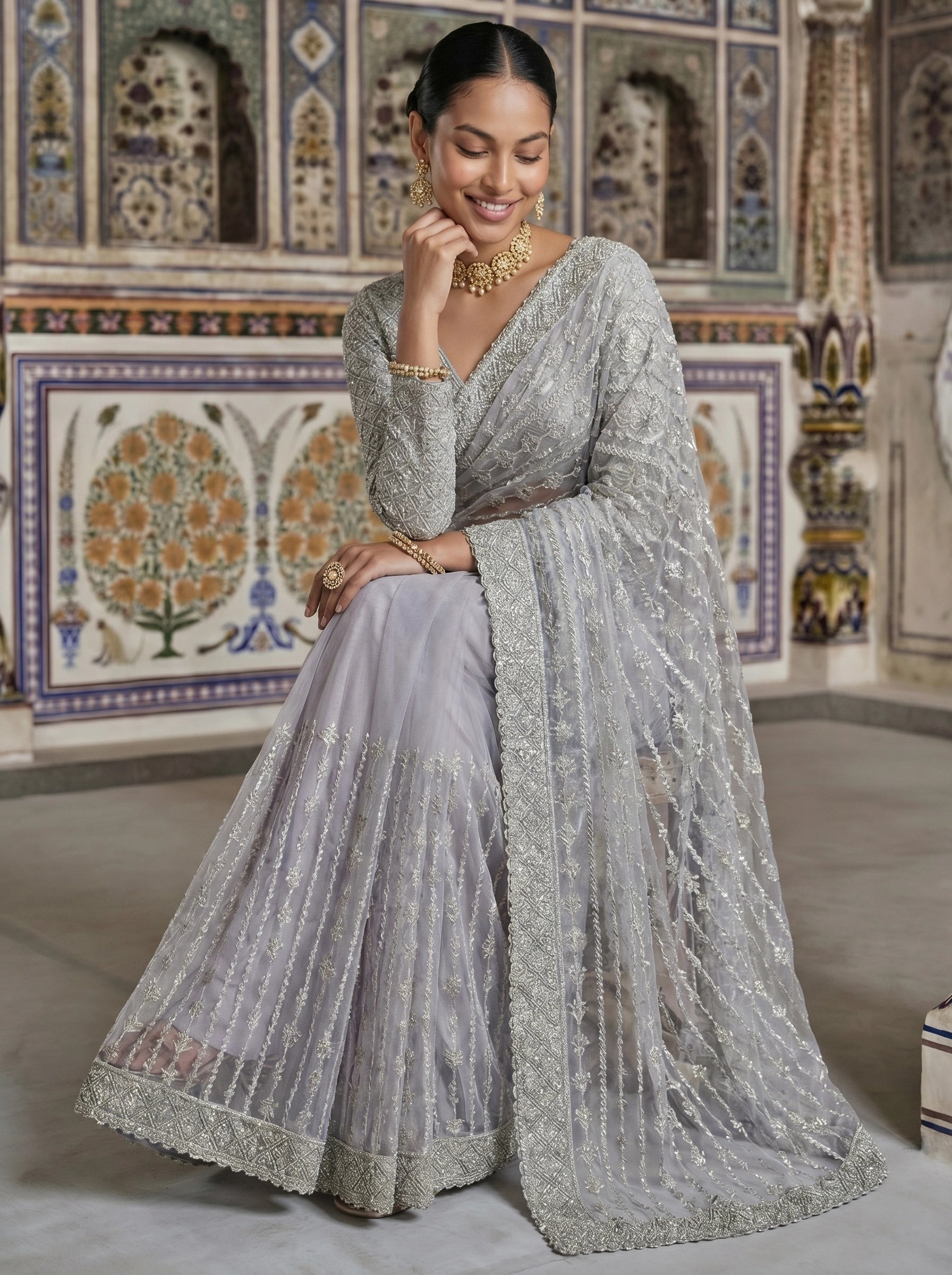 Elegant Silver Grey Designer Saree With Fine Embroidery & Heavy Border