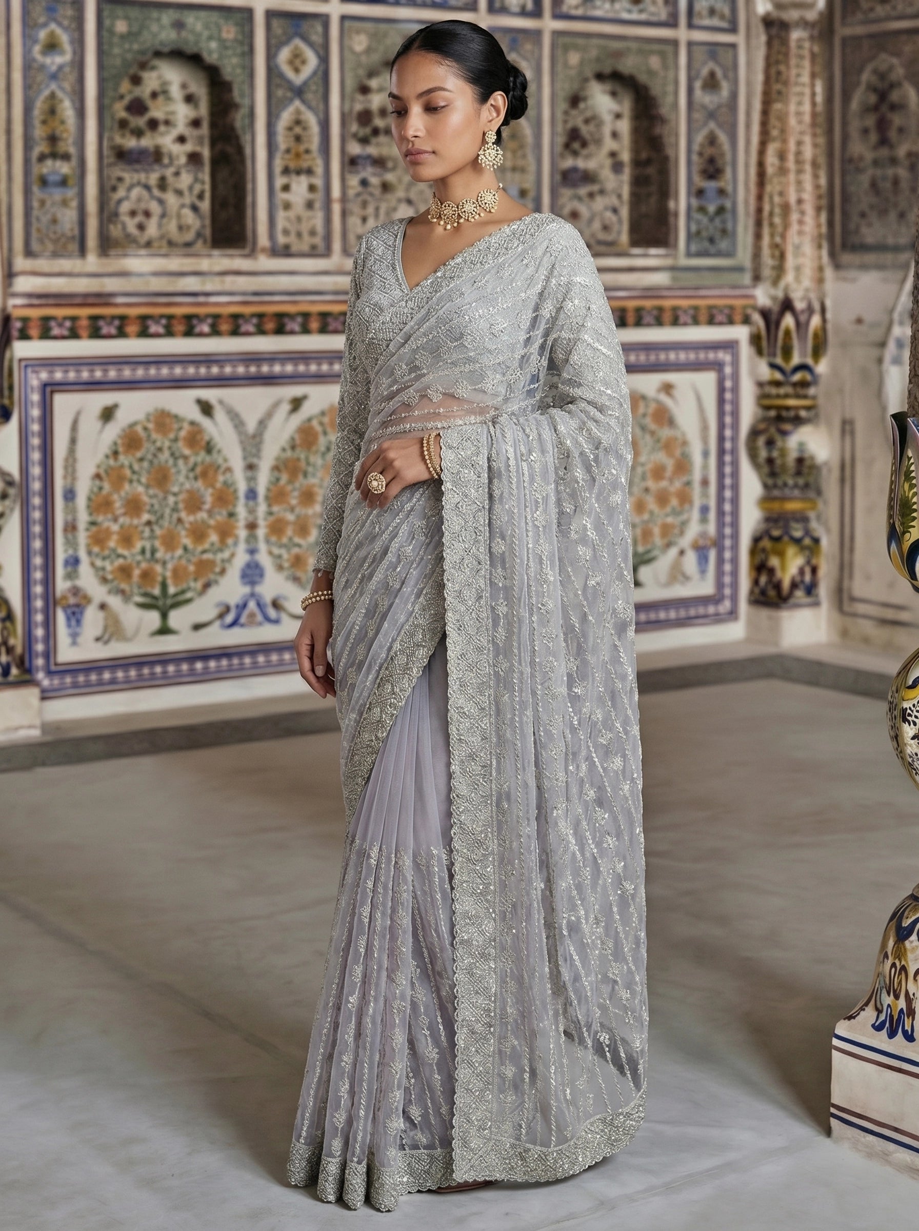 Elegant Silver Grey Designer Saree With Fine Embroidery & Heavy Border