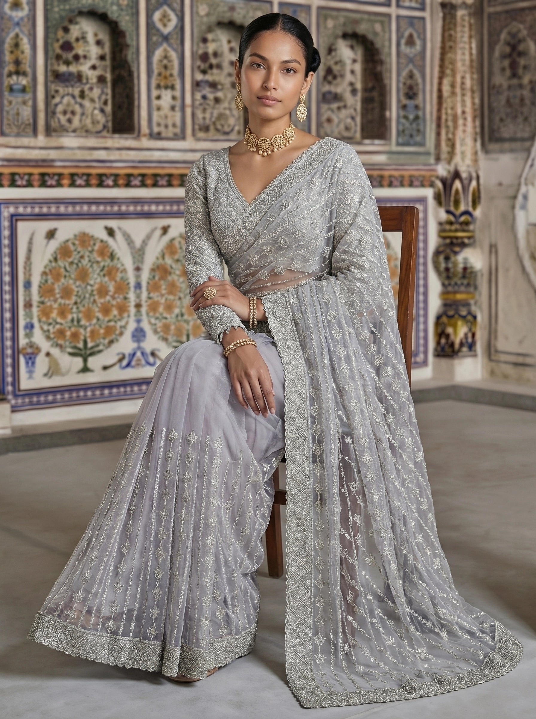 Elegant Silver Grey Designer Saree With Fine Embroidery & Heavy Border
