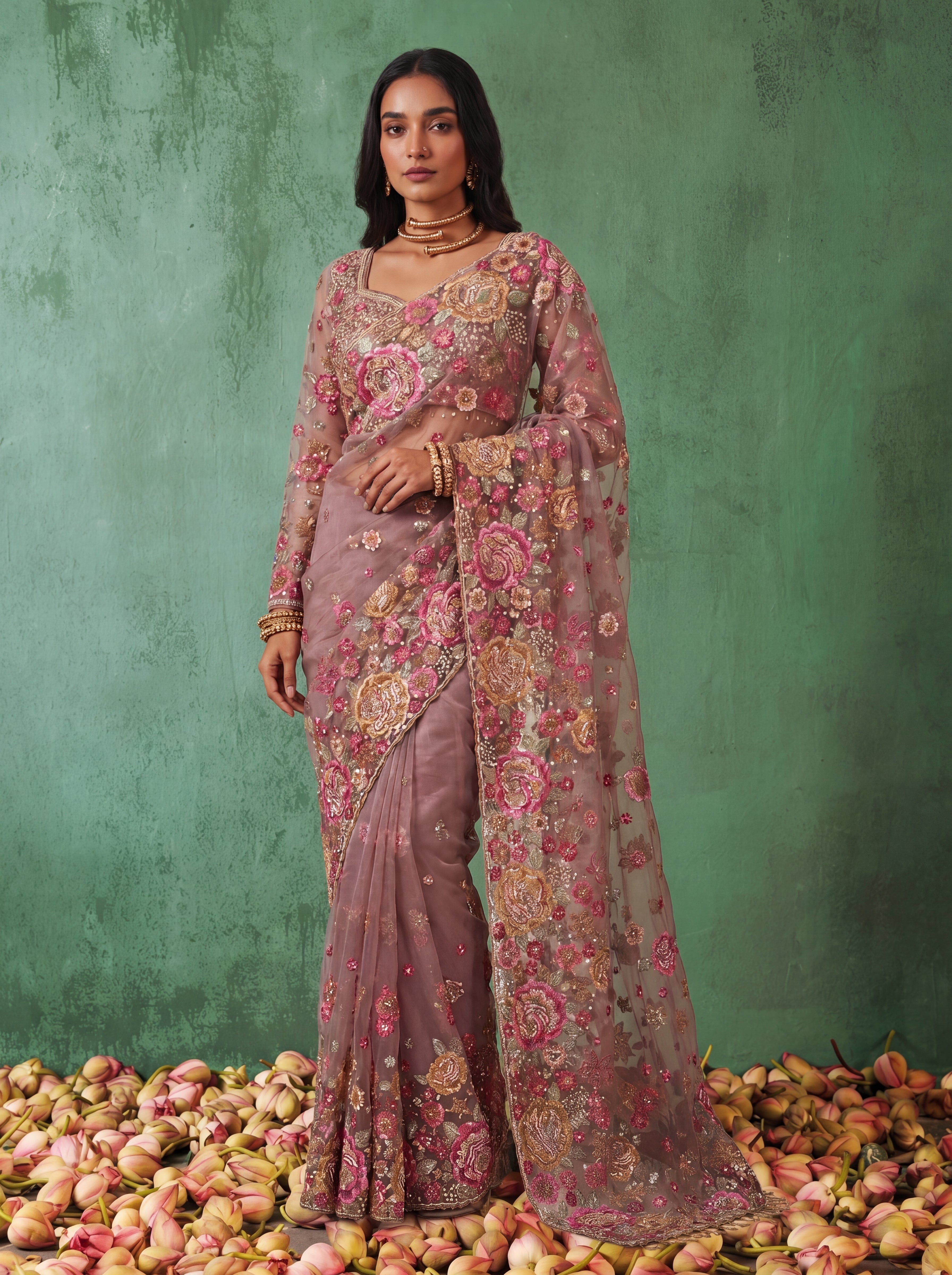 Premium Dusty Pink Designer Saree with Intricate Floral Sequins Work