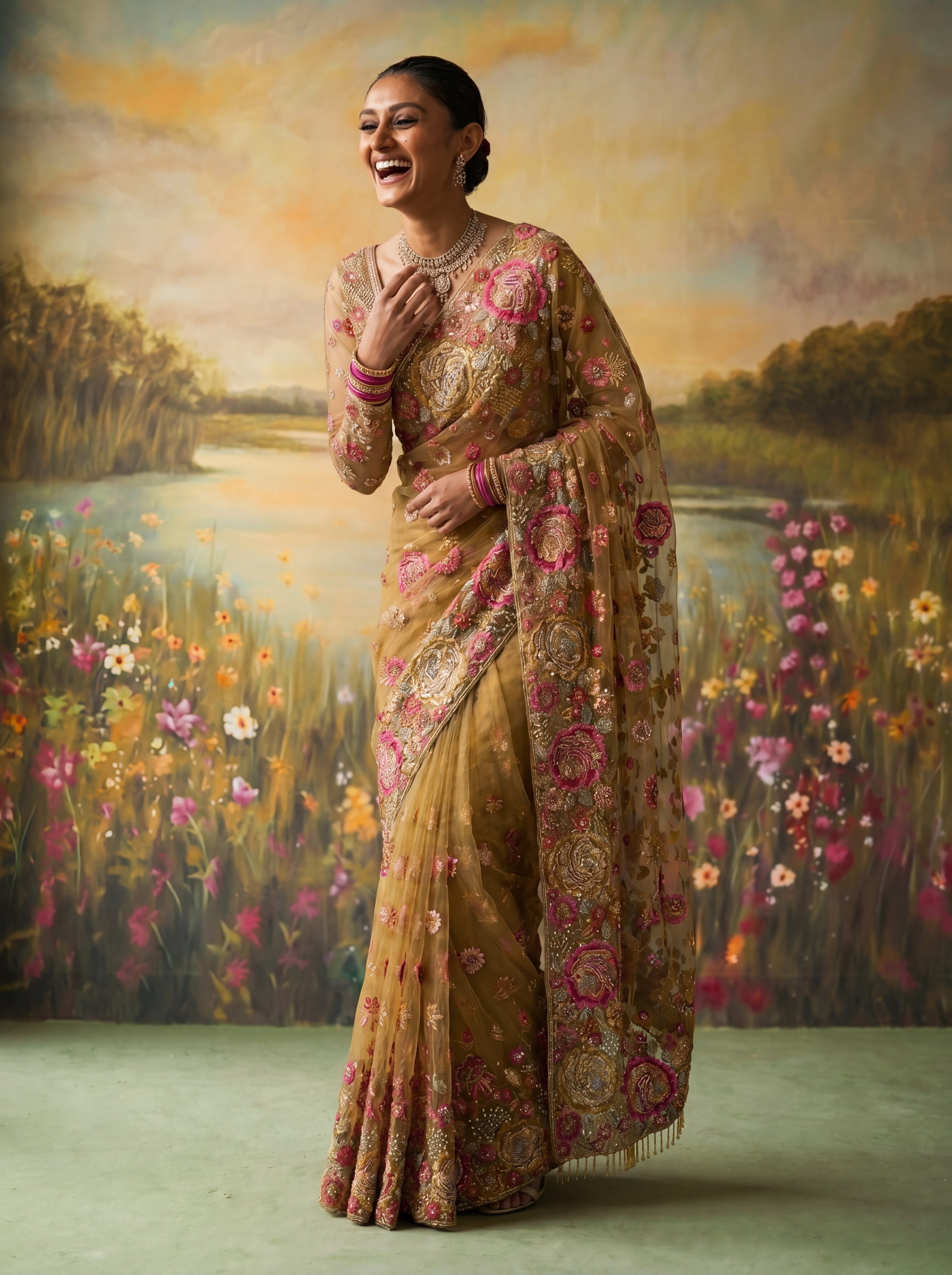 Premium Mehandi Designer Saree with Intricate Floral Sequins Work