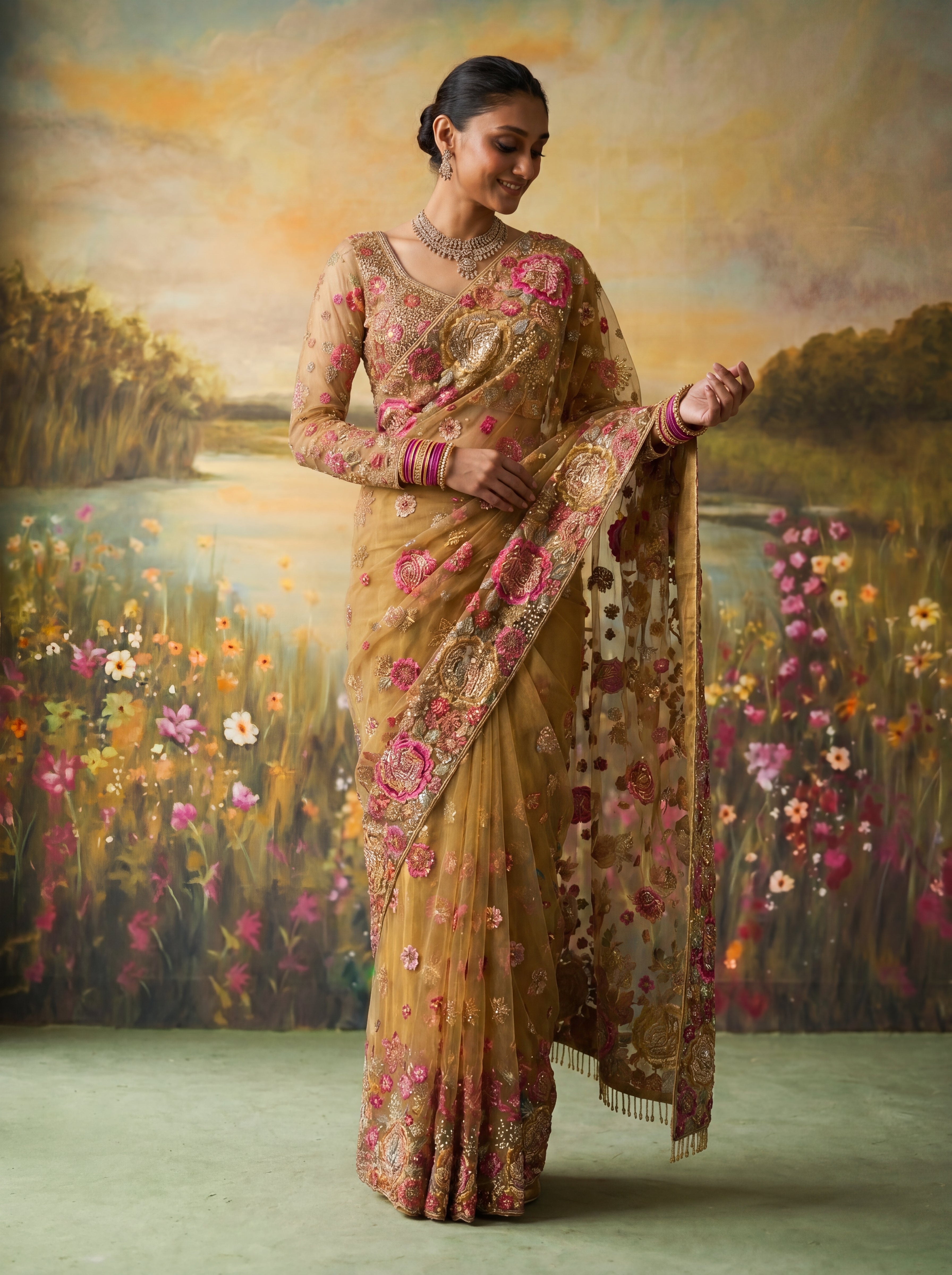 Premium Mehandi Designer Saree with Intricate Floral Sequins Work