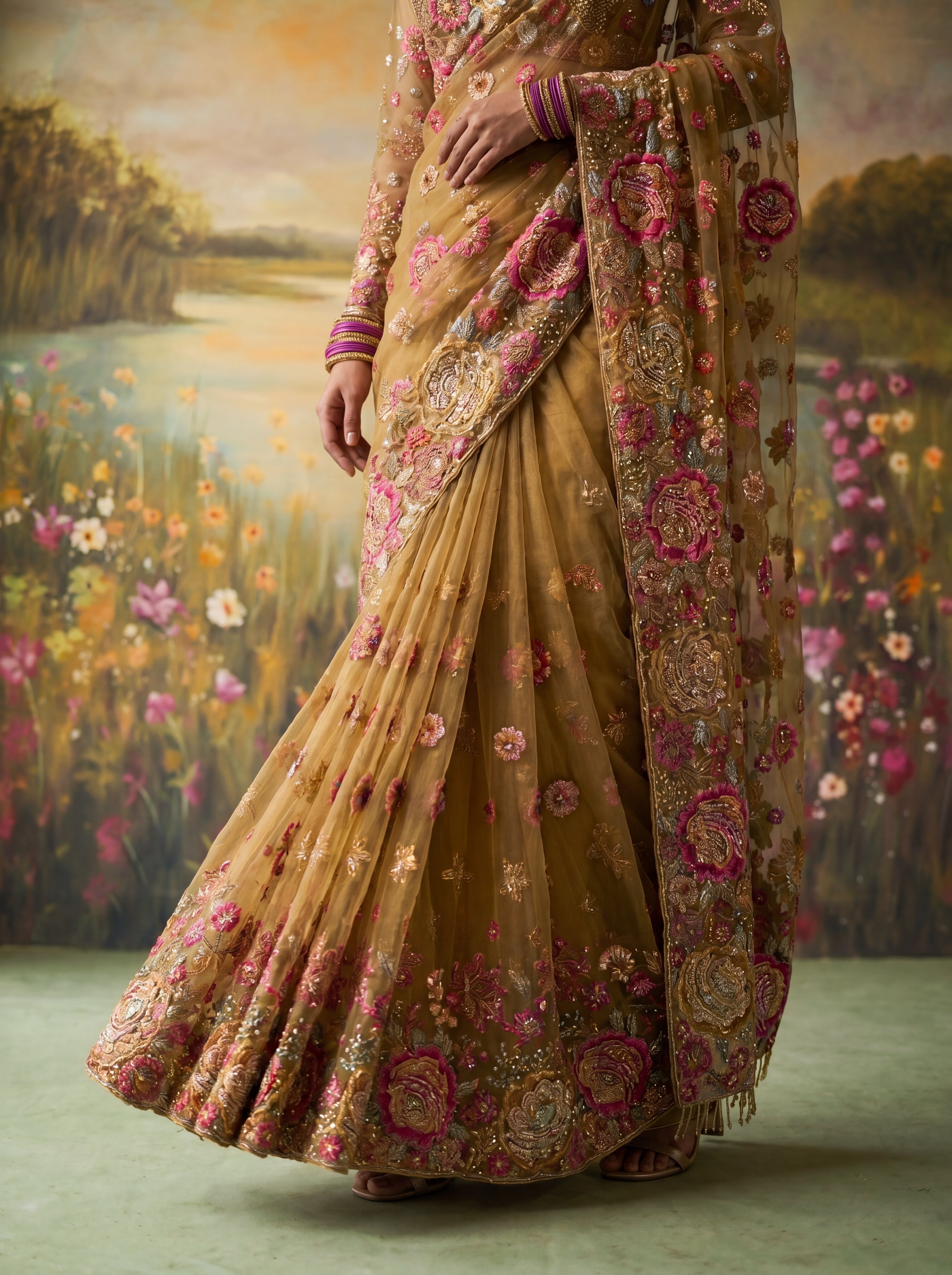 Premium Mehandi Designer Saree with Intricate Floral Sequins Work