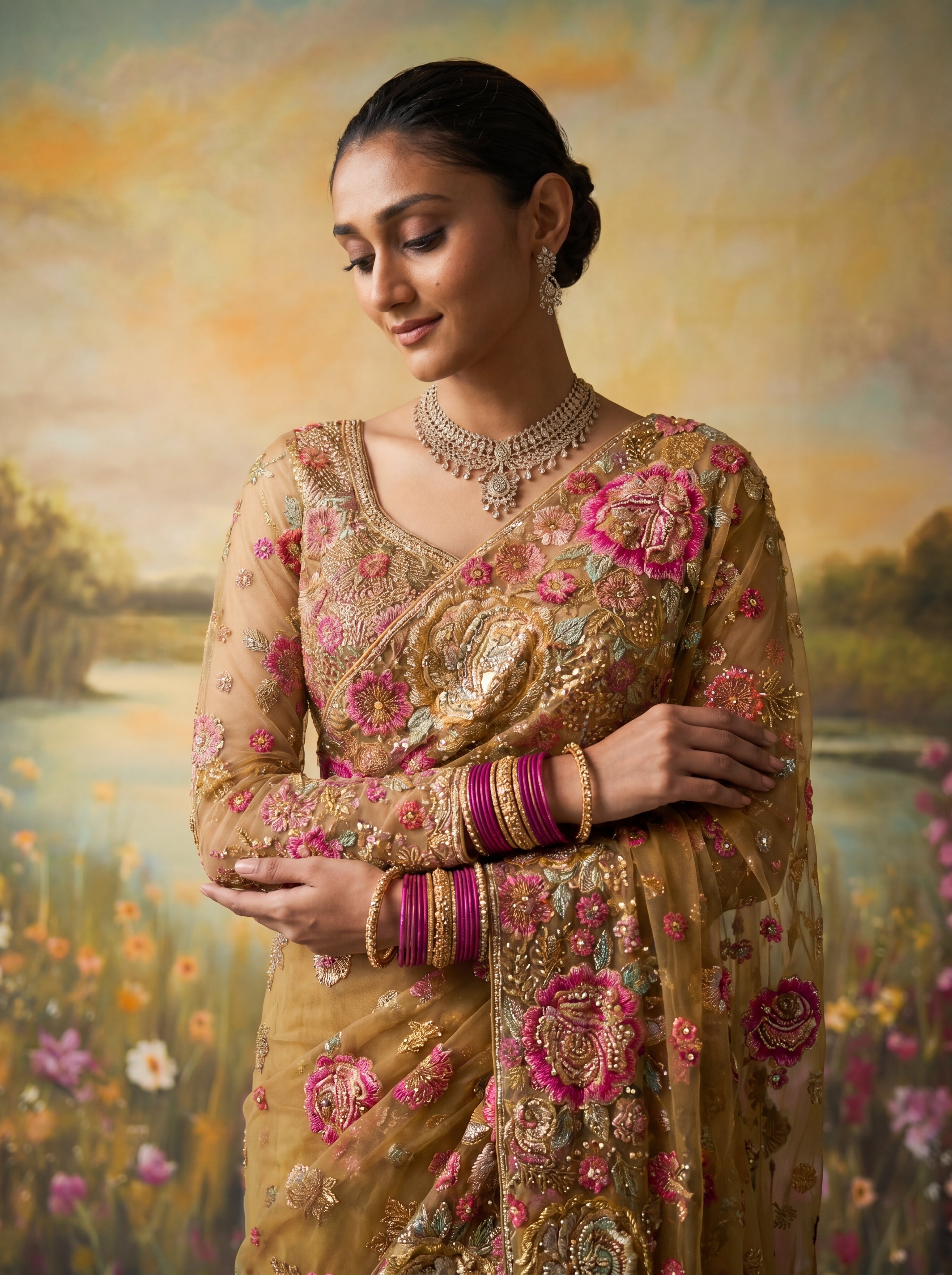 Premium Mehandi Designer Saree with Intricate Floral Sequins Work