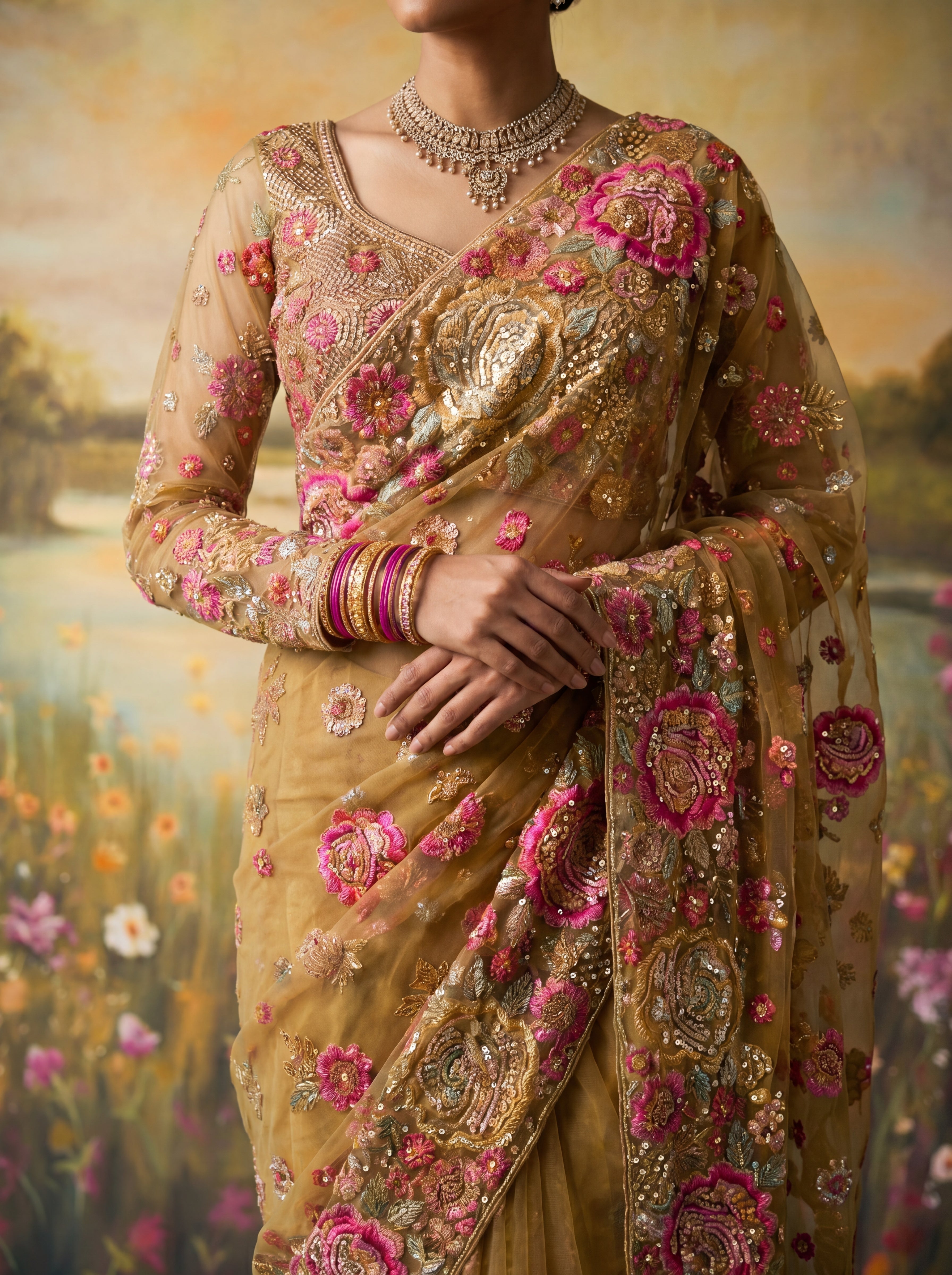 Premium Mehandi Designer Saree with Intricate Floral Sequins Work