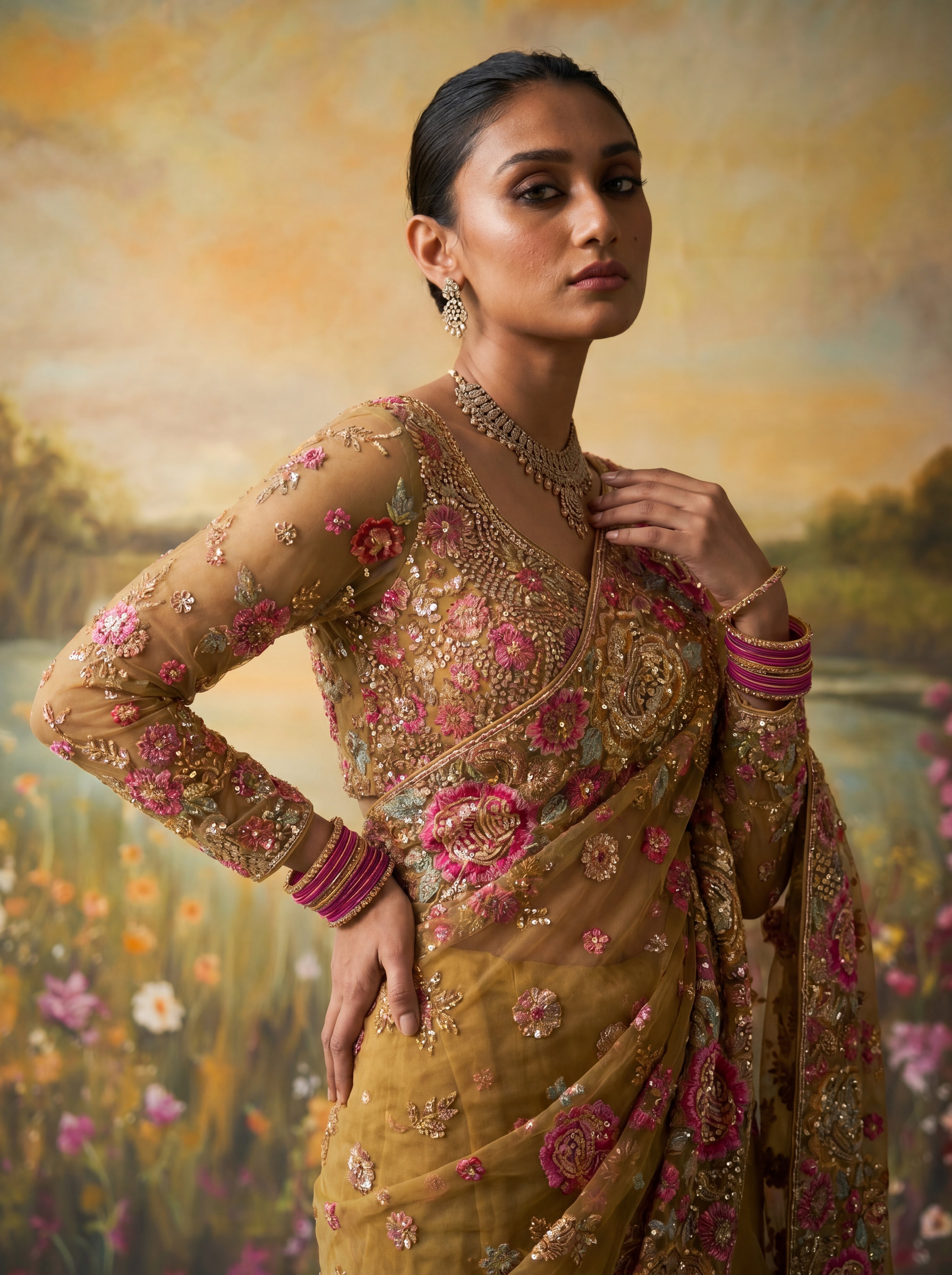 Premium Mehandi Designer Saree with Intricate Floral Sequins Work