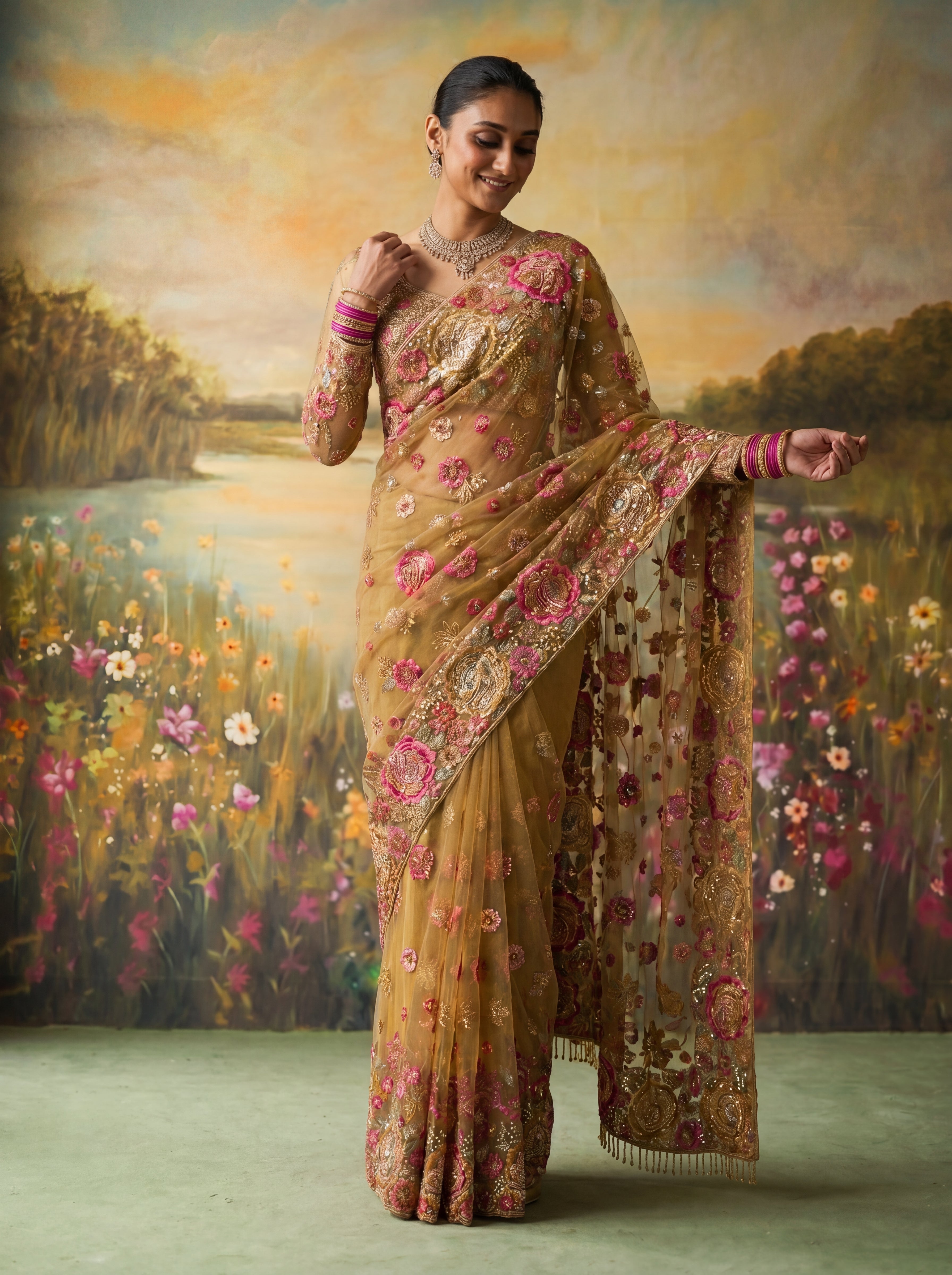 Premium Mehandi Designer Saree with Intricate Floral Sequins Work