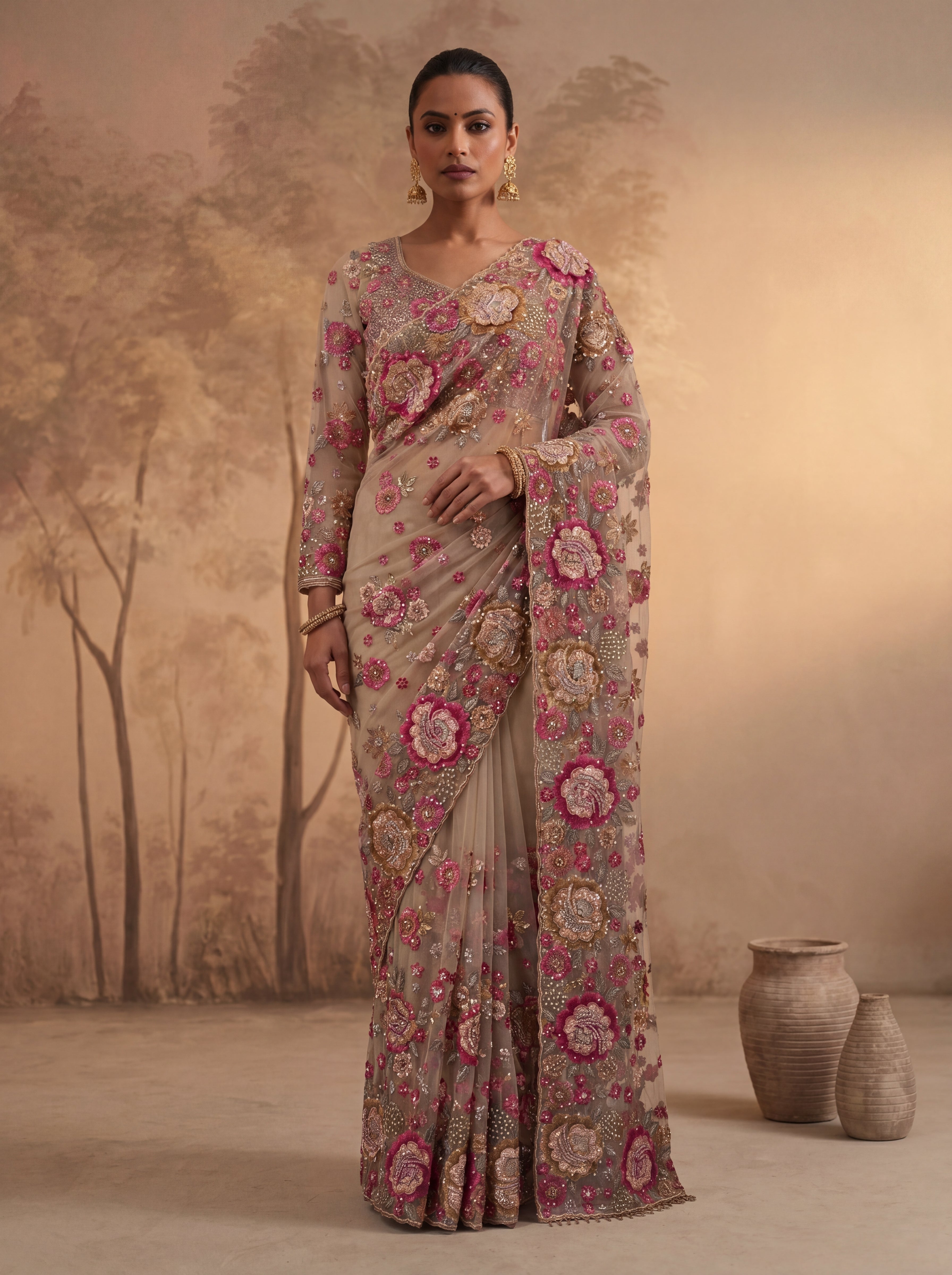 Premium Chiku Designer Saree with Intricate Floral Sequins Work