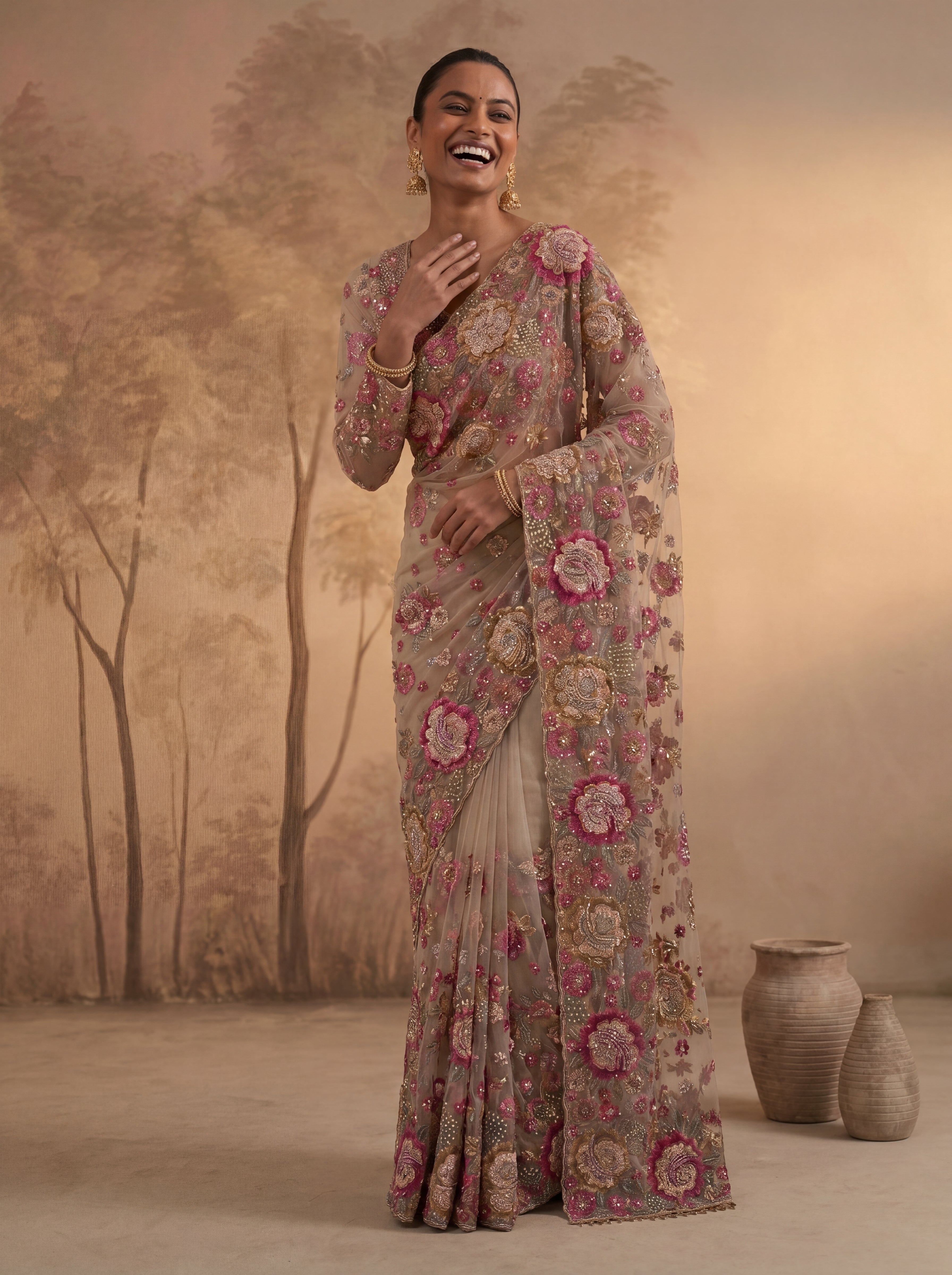 Premium Chiku Designer Saree with Intricate Floral Sequins Work