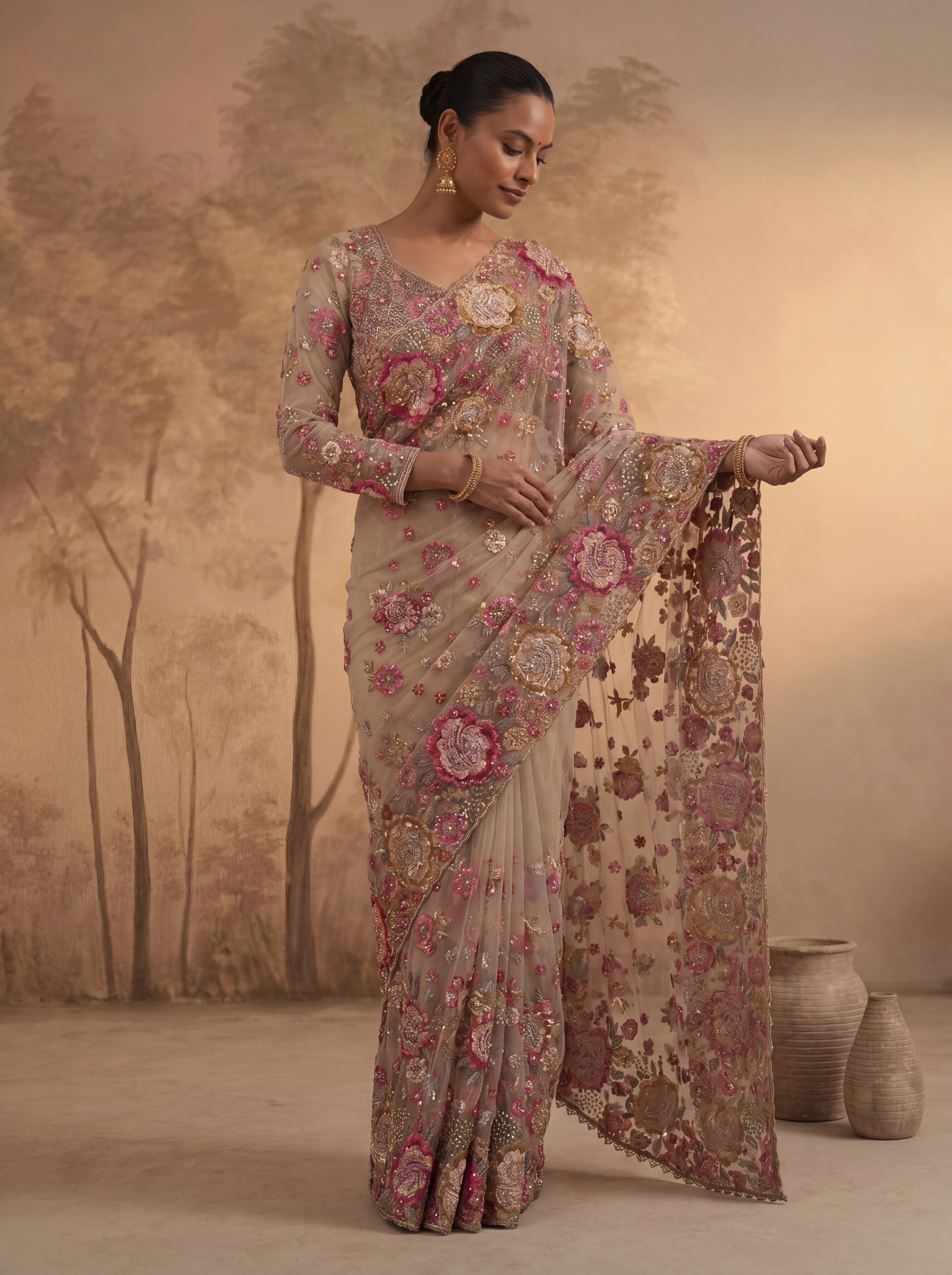 Premium Chiku Designer Saree with Intricate Floral Sequins Work