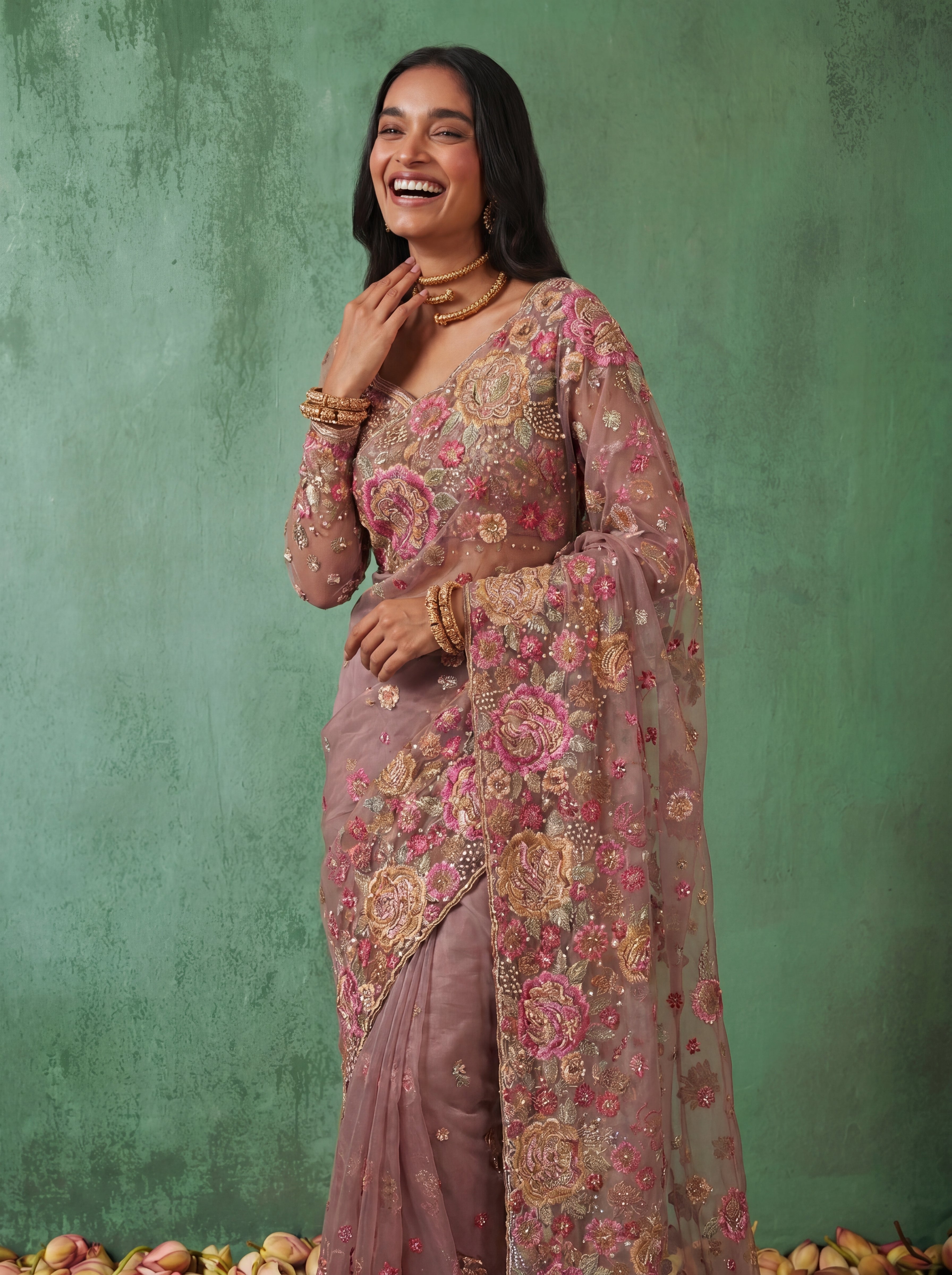 Premium Dusty Pink Designer Saree with Intricate Floral Sequins Work
