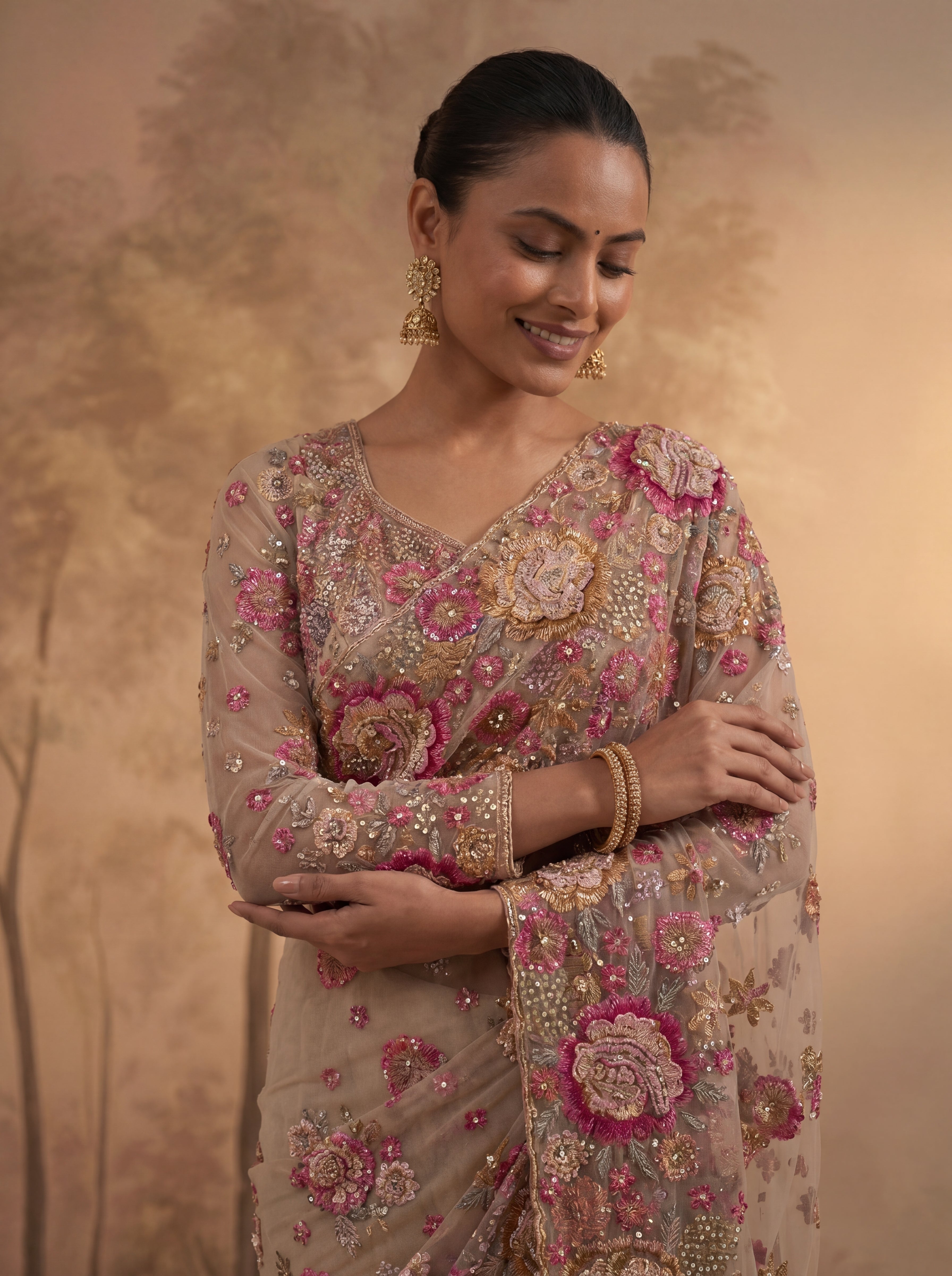 Premium Chiku Designer Saree with Intricate Floral Sequins Work
