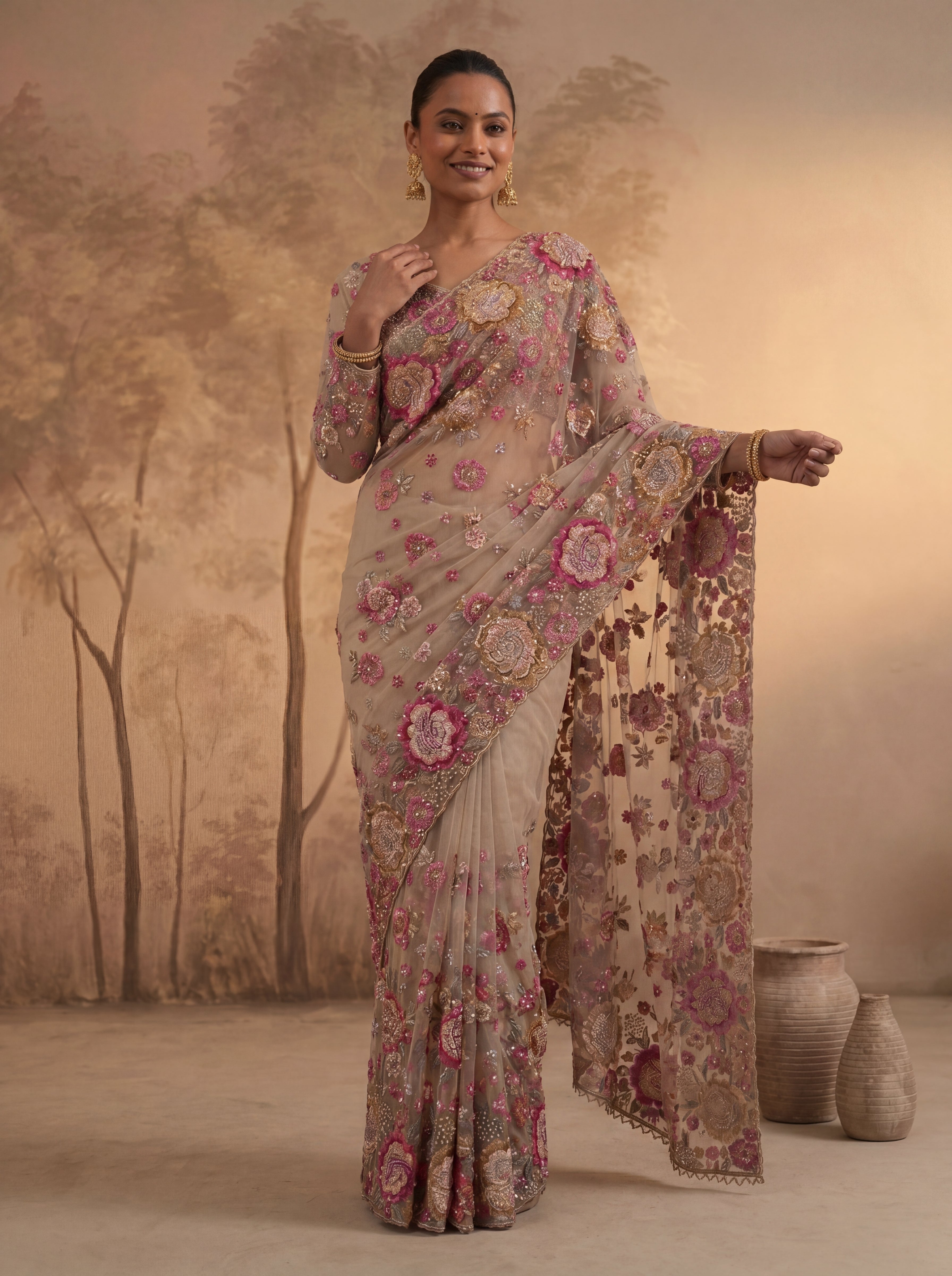 Premium Chiku Designer Saree with Intricate Floral Sequins Work