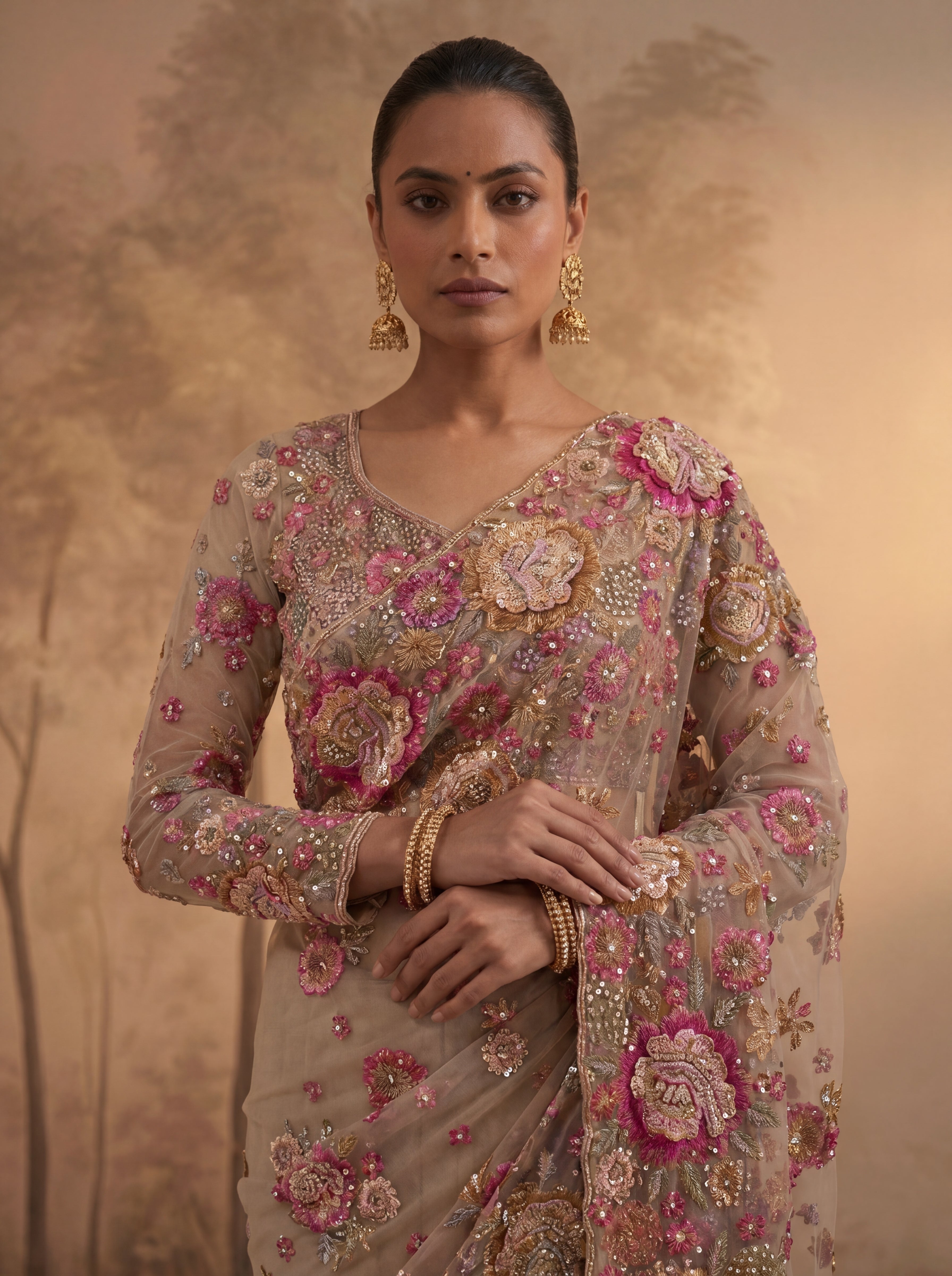 Premium Chiku Designer Saree with Intricate Floral Sequins Work