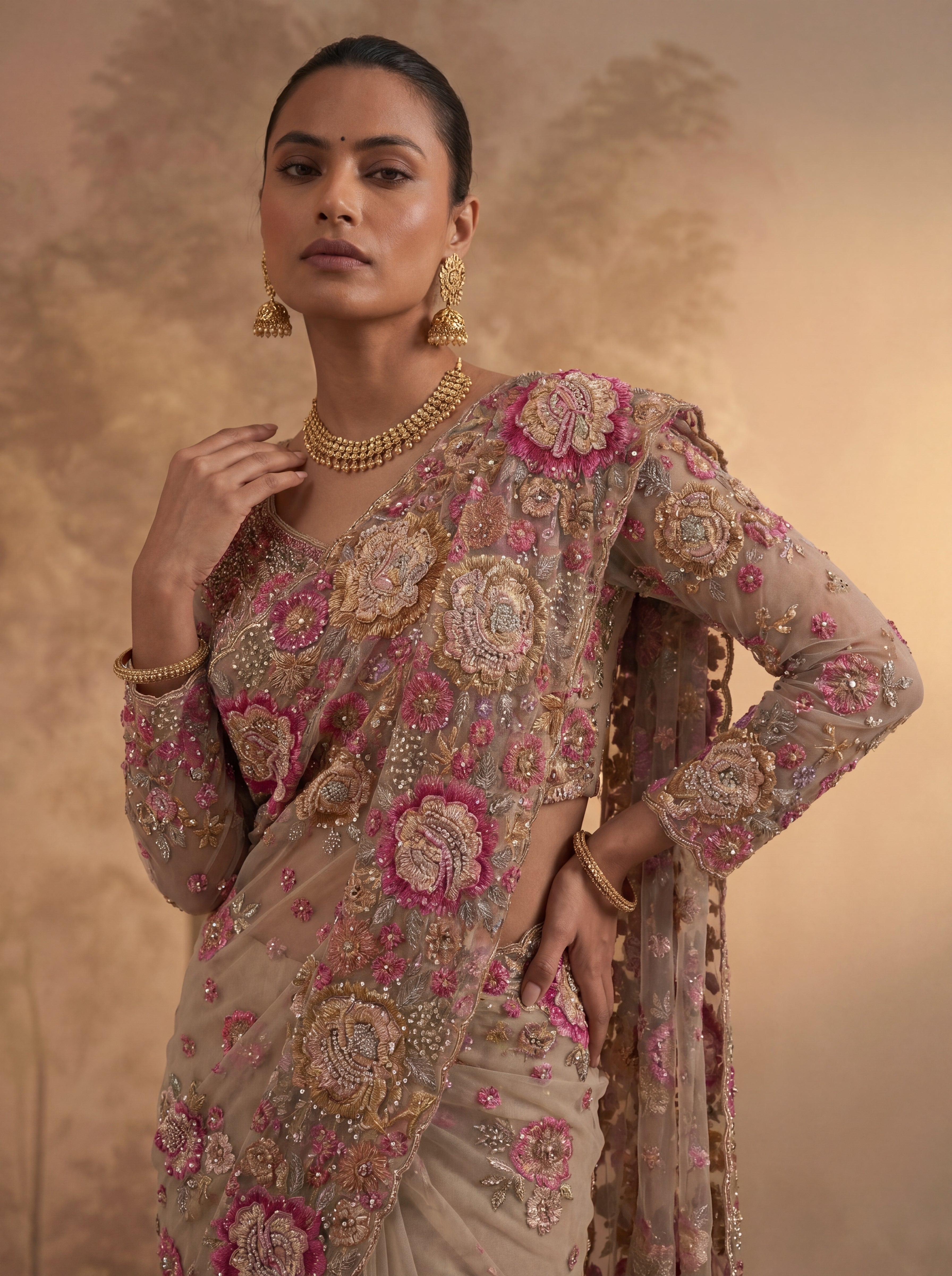 Premium Chiku Designer Saree with Intricate Floral Sequins Work