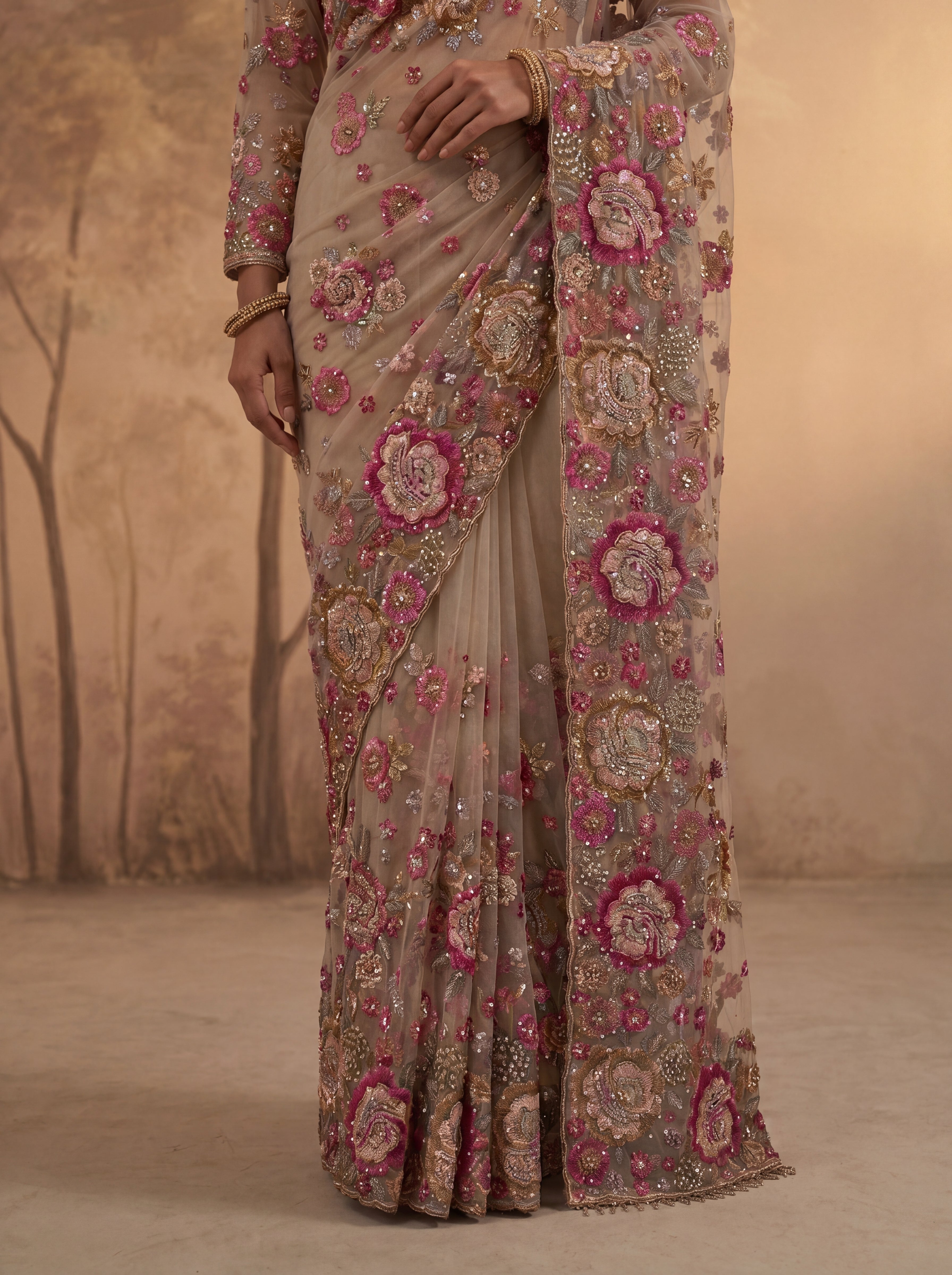 Premium Chiku Designer Saree with Intricate Floral Sequins Work